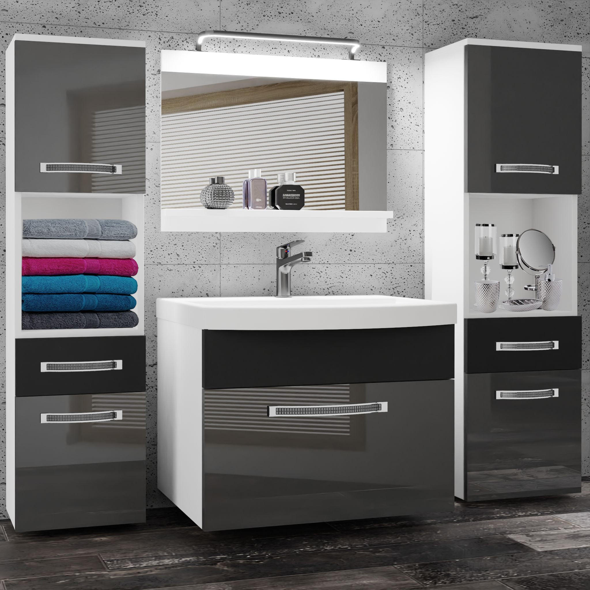 BADMÖBEL Badezimmer Silber Schwarz Glänzend Matt - Schwarz/Grau, Holz (140/113/40cm) - B BELINI GROUP