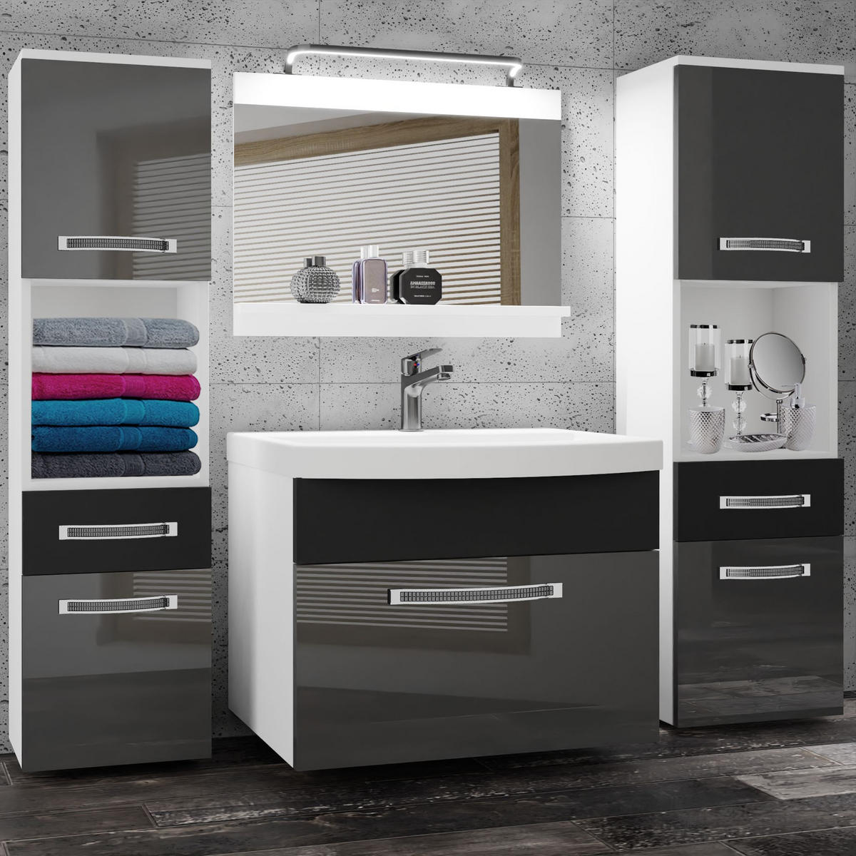 BADMÖBEL Badezimmer Silber Schwarz Glänzend Matt - Schwarz/Grau, Holz (140/113/40cm) - B BELINI GROUP