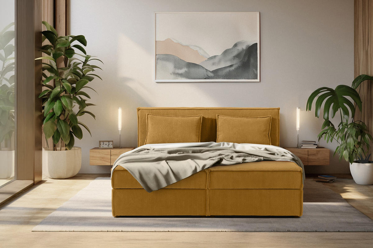 BOXSPRINGBETT ROTI mit Stauraum, gelb - Gelb/Schwarz, Holz/Holzwerkstoff (160/200cm) - KONSIMO®