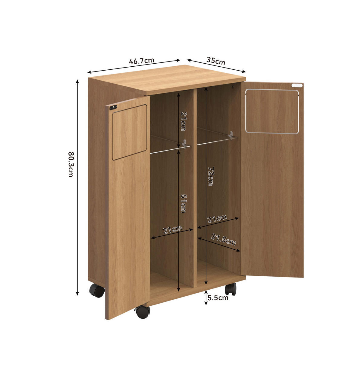 SKRINKA na odpad z MDF 46,7x35x80,3 cm prírodná s 2 priehradkami, kolieskami a 180° dvierkami - prírodná farba, kompozitné drevo (46/80/35cm) - Modfu