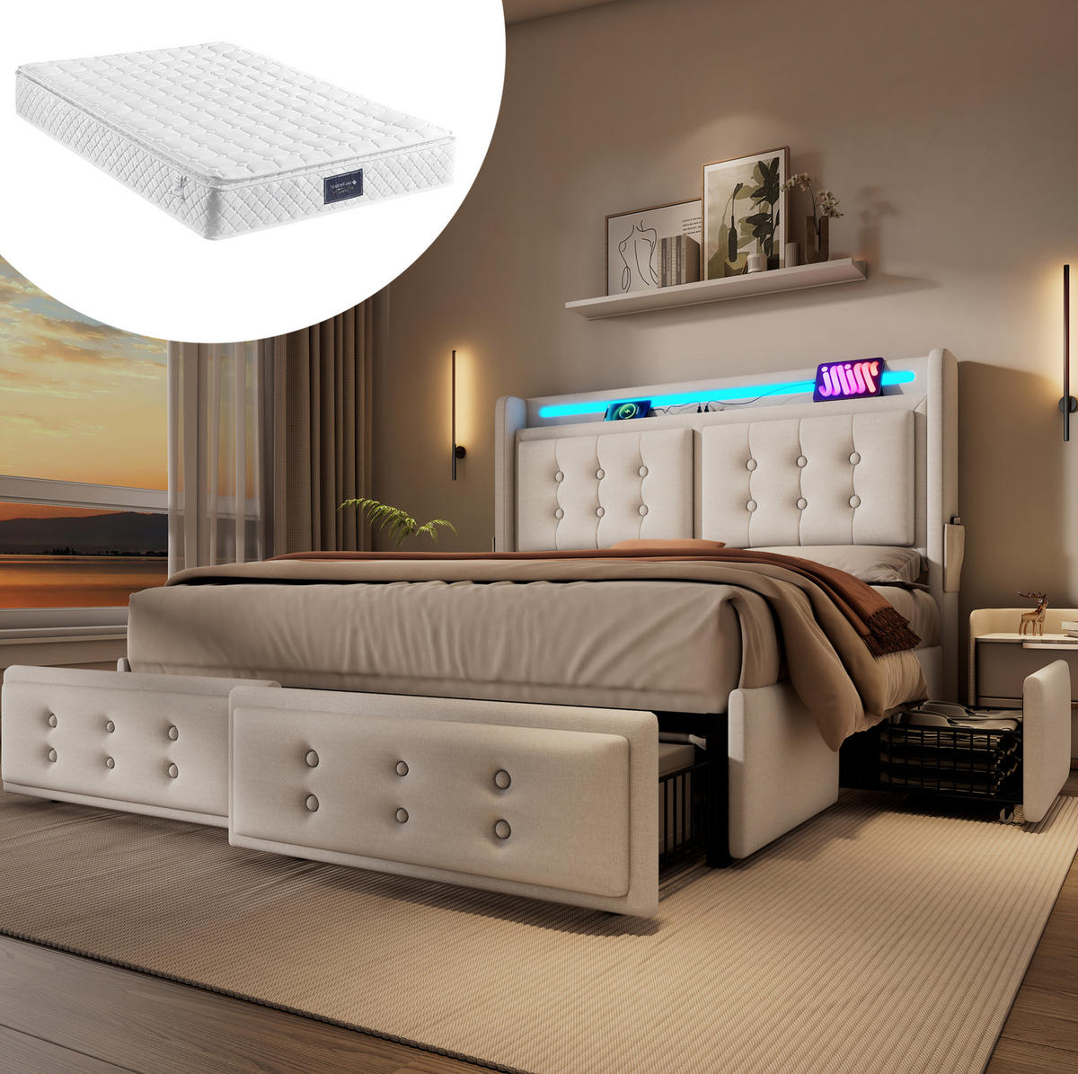 BETT mit Matratze 140x200 cm Beige Baumwoll-Leinen mit LED und 4 Schubladen - Beige, Metall (140/200cm) - Meubliv