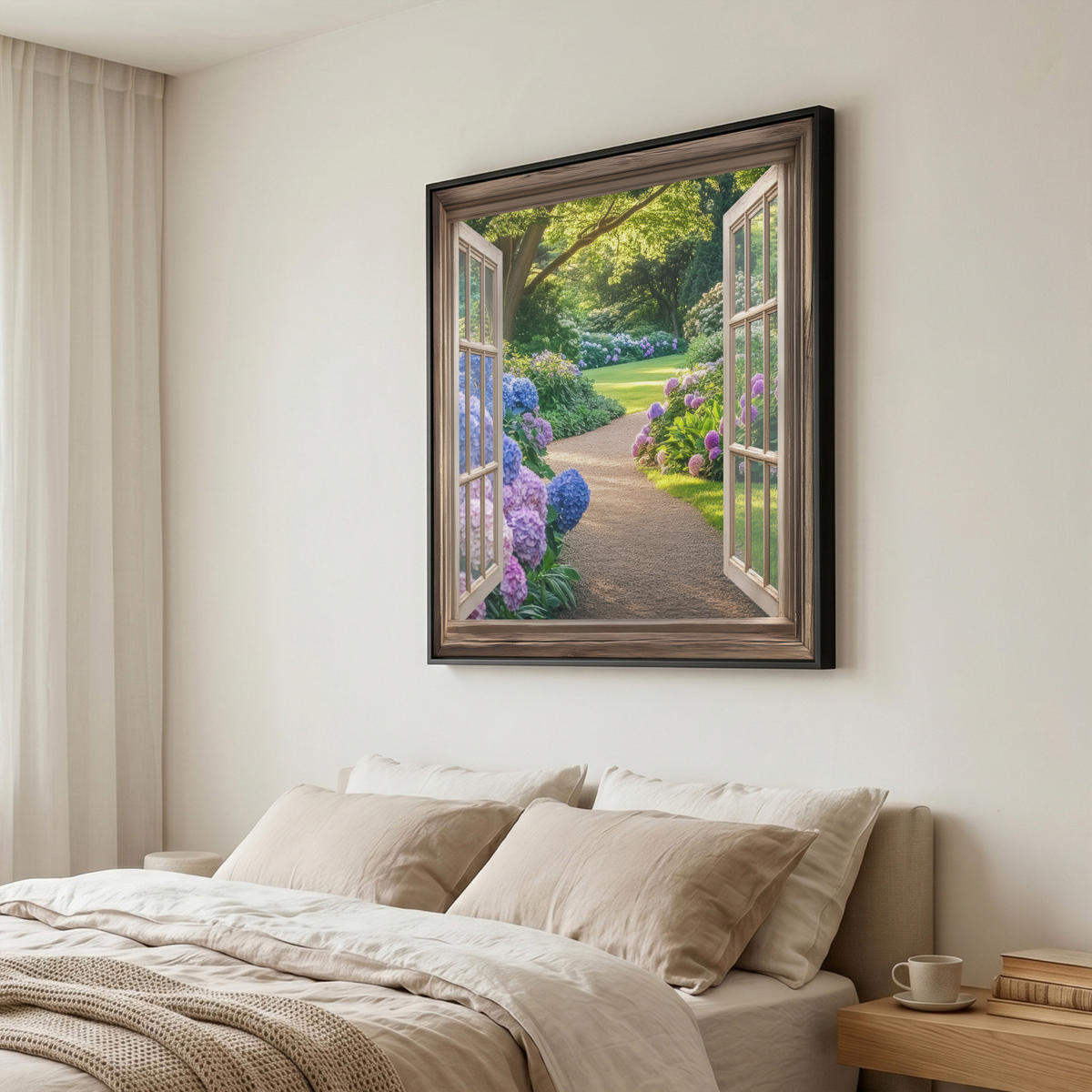 LEINWAND Bilder mit Rahmen - Aussicht - Garten - Fenster - Hortensie - Blumen - 90x90 - Pastellblau, Textil (90/90cm) - MuchoWow