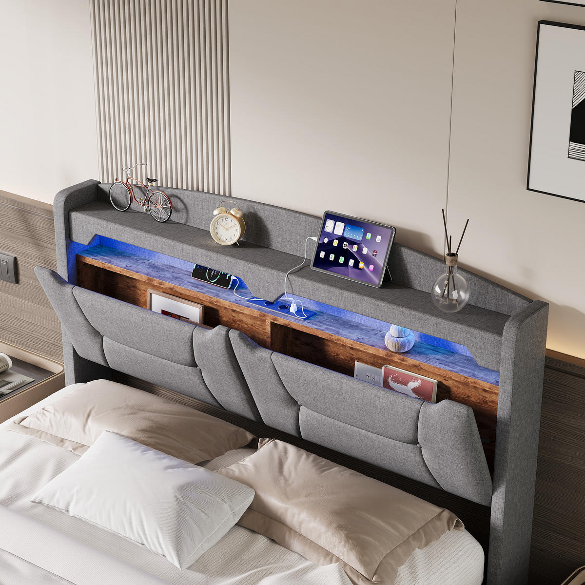 POLSTERBETT 140x190cm grau Stoff, LED, USB-Anschluss, praktischer Stauraum - Grau, Holz