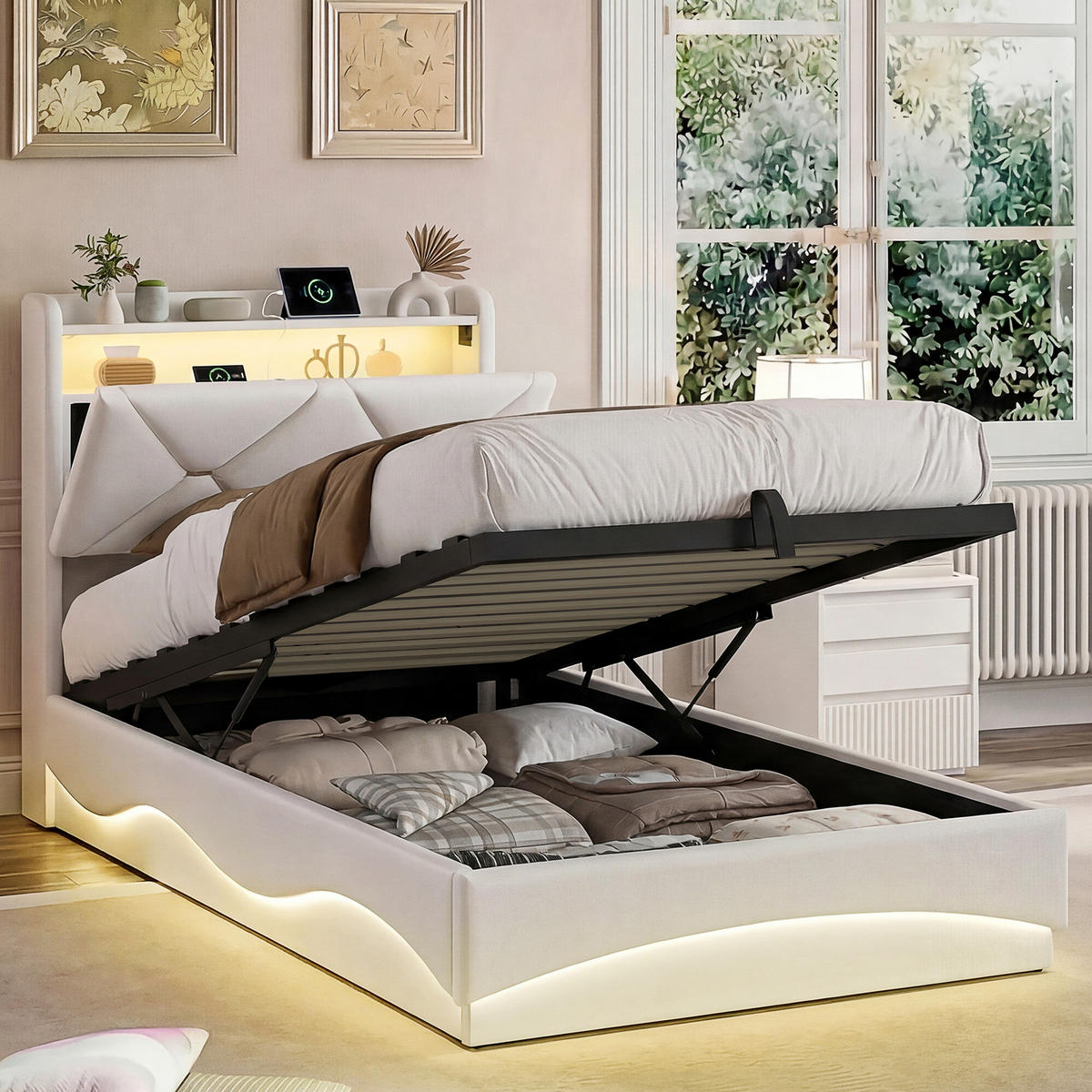 POLSTERBETT 90x200 cm mit Bettkasten, hydraulischer Stauraum, LED, USB & Type-C, Kopfteil mit Ablage und Lattenrost, Beige - Beige, Metall (90/200cm) - EuroLiving