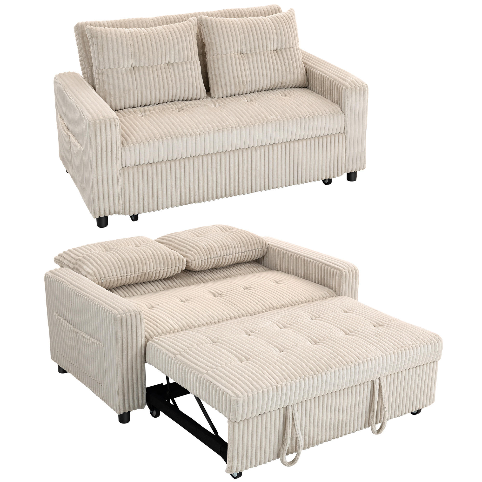 SOFABETT 2-Sitzer DE-08243 Cordbezug, umwandelbar, Cremeweiß - Creme, Metall (157/91/90cm) - ComfortXL