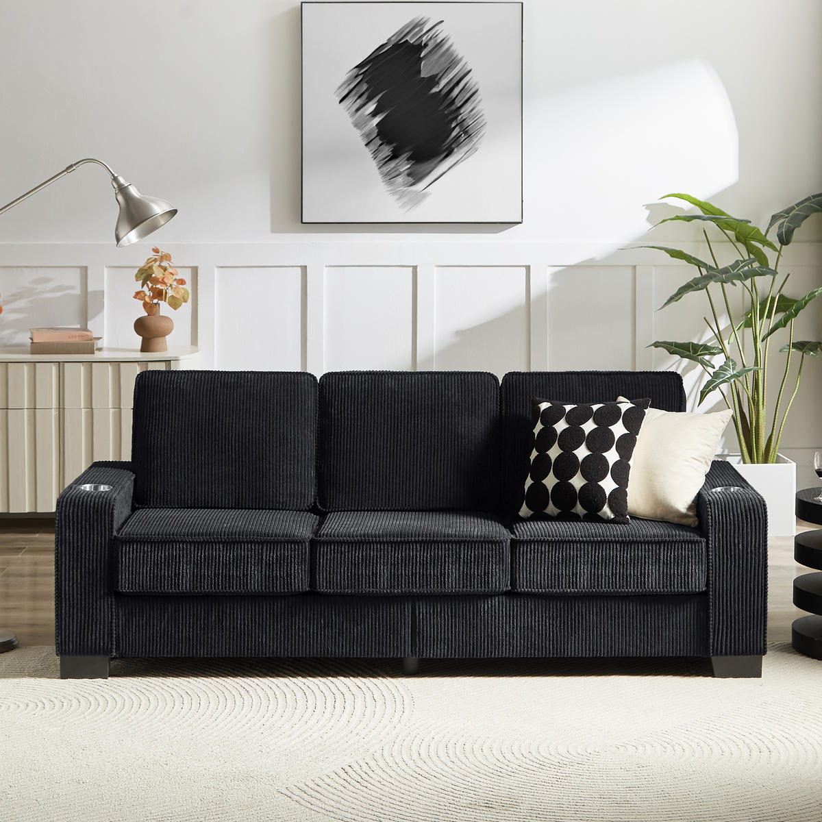 3-SITZER-SOFA DE-35029 mit Getränkehaltern Schwarz - Schwarz, Textil (72/86/206cm) - ComfortXL