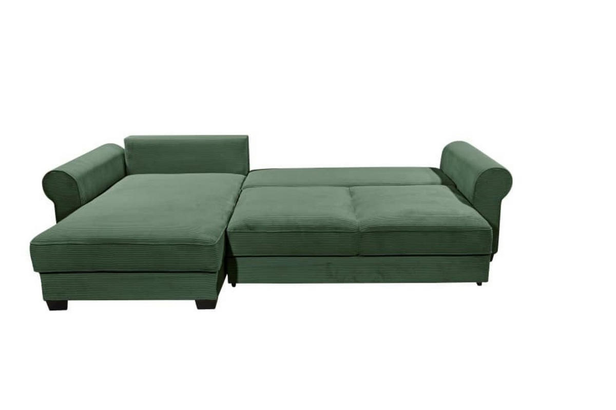 ECKSOFA beidseitig montierbar, Schlaffunktion mit Bettkasten und Nosagfederung in Breitcord - Dunkelgrün/Schwarz, Textil (318/197cm) - ed exciting design