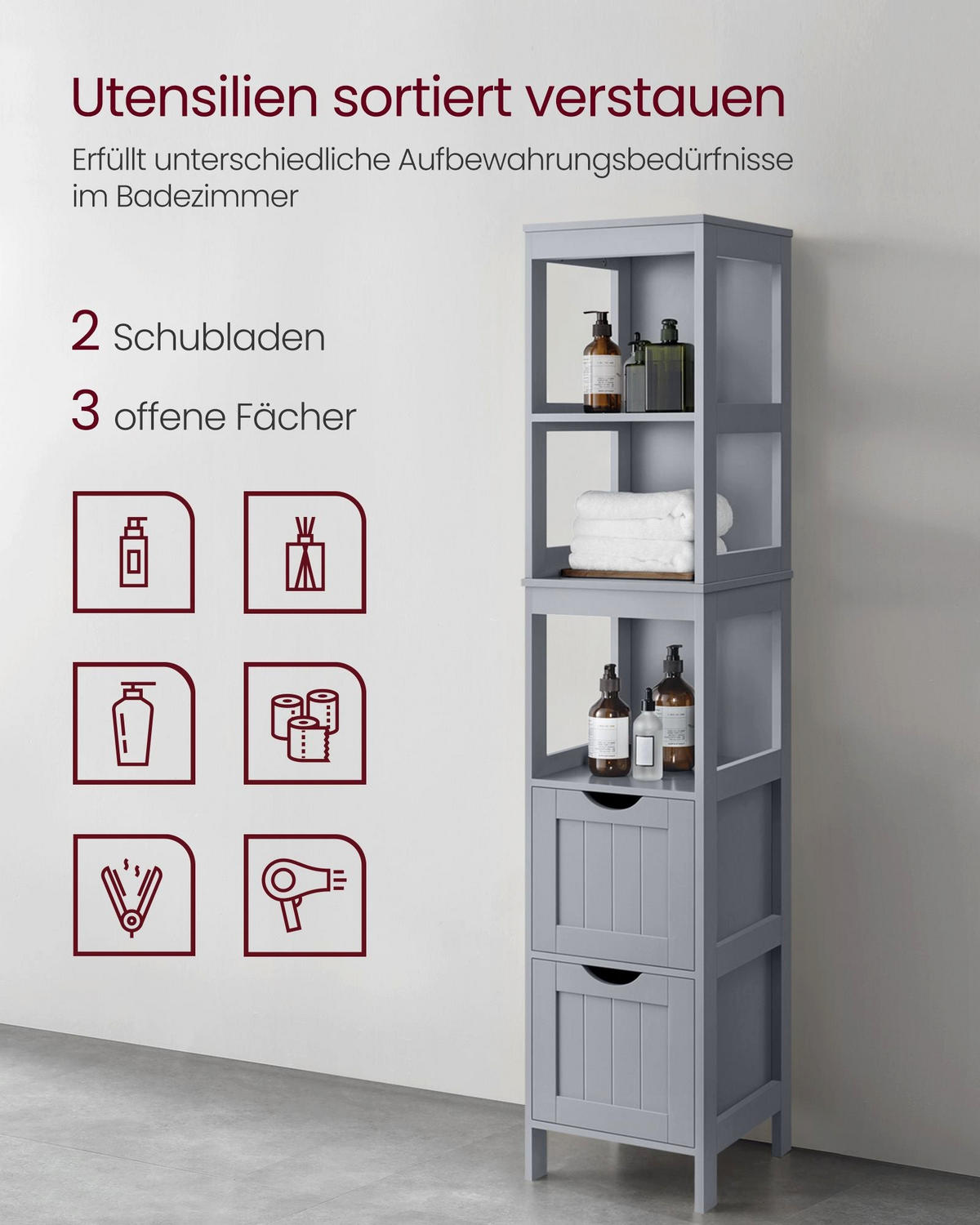 BADEZIMMERSCHRANK TASHKENT - Grau, Holzwerkstoff (30/141.5/30cm) - Hansiro