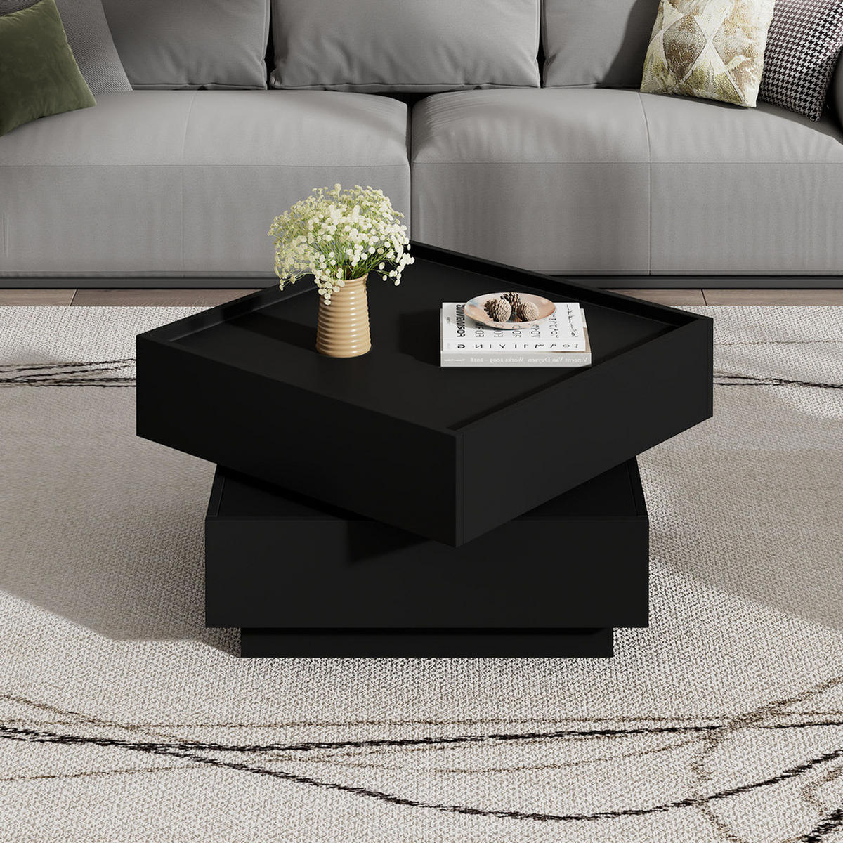 COUCHTISCH Funktionaler drehbarer mit Stauraum und Ablagen - Schwarz, Holz (69.85/66.29/38cm) - FLIEKS