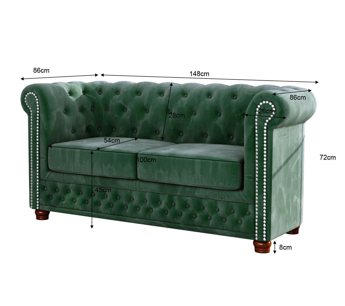 SITZGARNITUR 3+2+1 Chesterfield Lauren Flasche grün Samt - Smaragdgrün/Braun, Holz/Textil (203/72/86cm) - S-Style Möbel