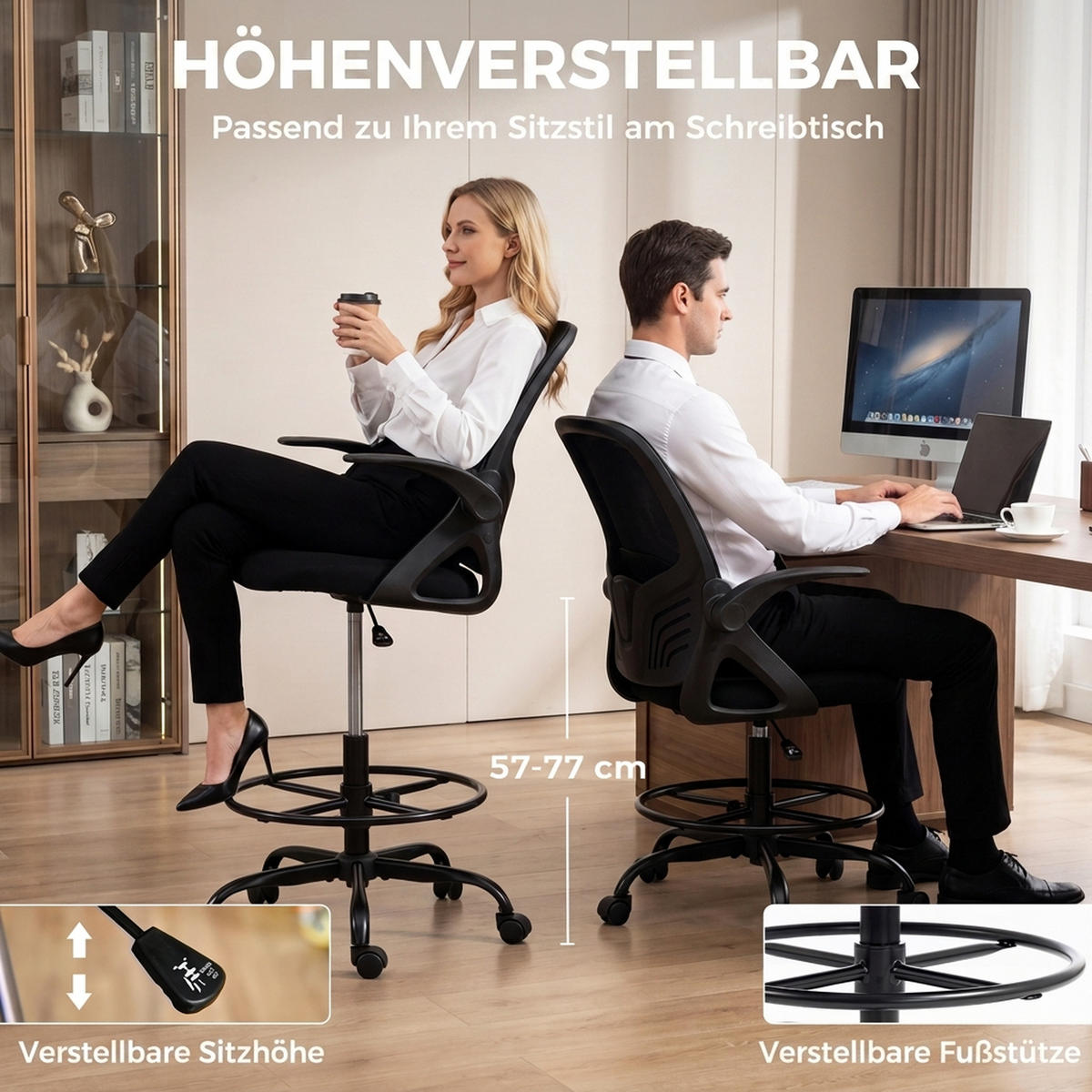 ARBEITSSTUHL Netzgewebe Stahl Schwarz - Schwarz, Kunststoff/Textil (59/124/65cm) - HOMCOM