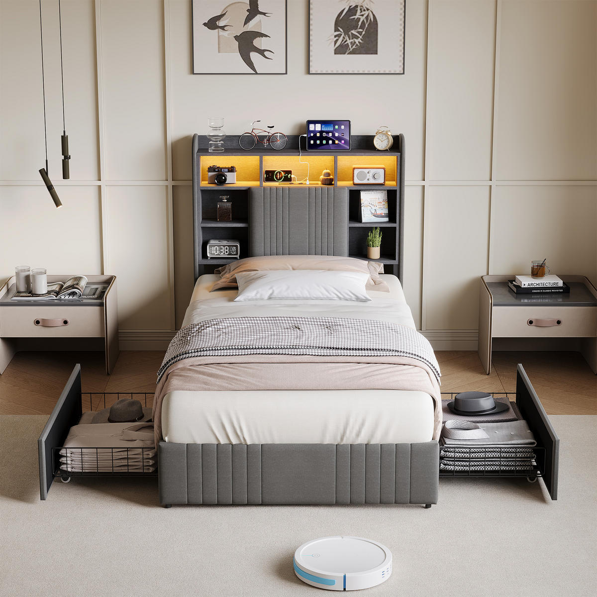 POLSTERBETT 90/200 cm Grau mit 2 Schubladen, LED-Kopfteil mit Ablage und USB - Grau, Metall (90/200cm) - EuroLiving