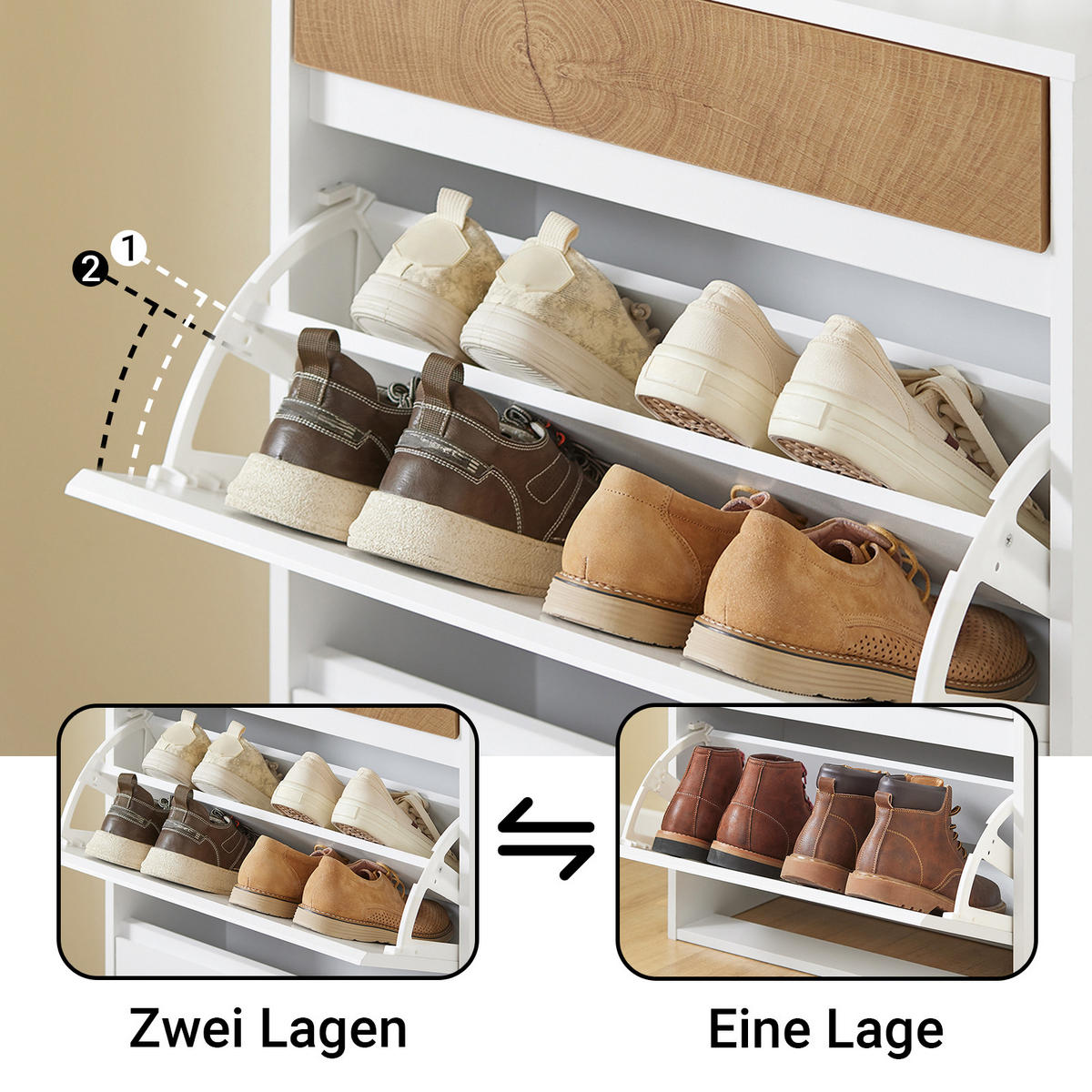 SCHUHKIPPER mit 2 Klappen und Schublade, Skandinavisches Design - Weiß, Holzwerkstoff (61/91/26cm) - SoBuy
