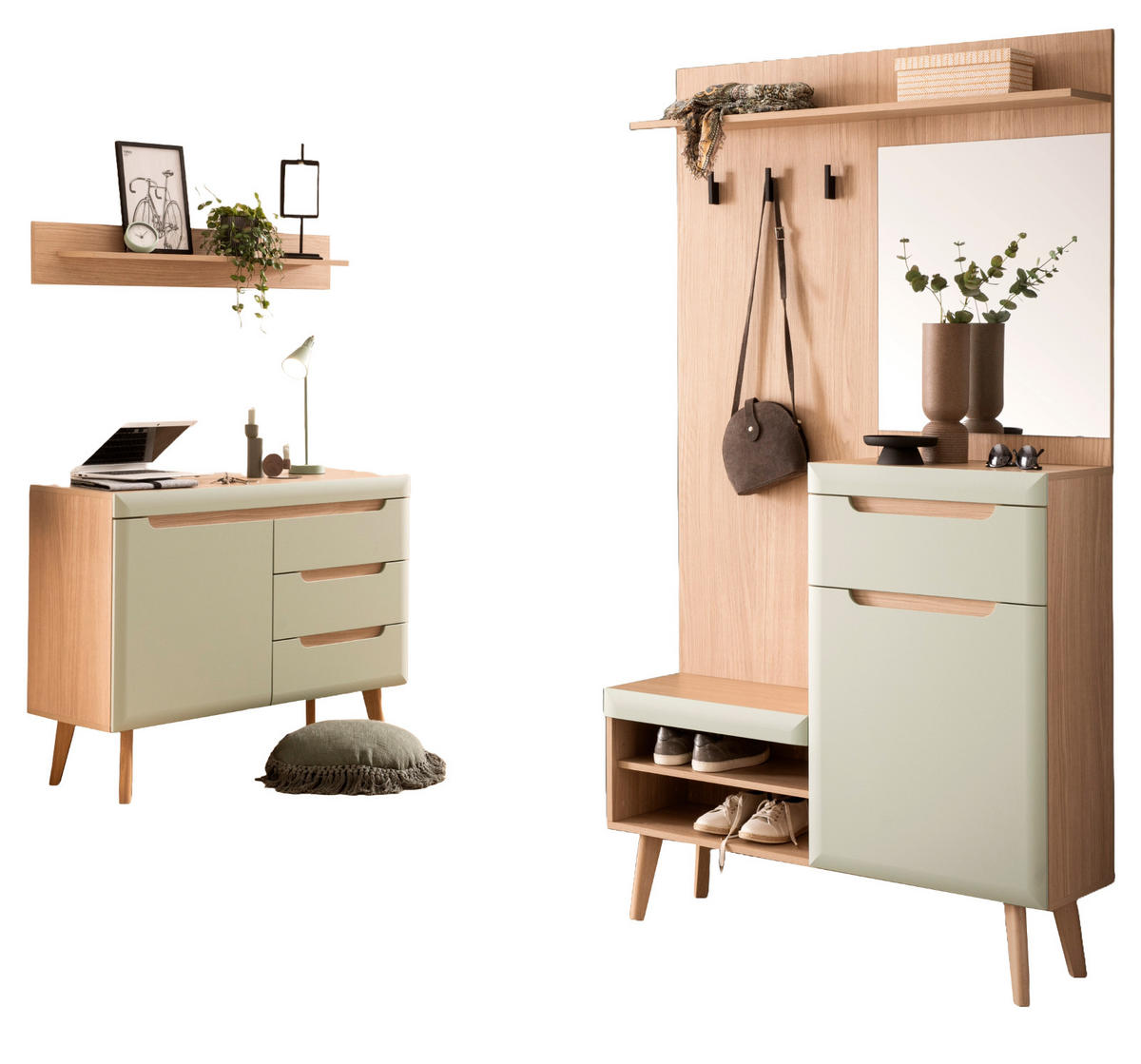 GARDEROBEN-SET 3-teilig Pistazie matt, Scandi Eiche, Garderobenkombination skandinavisch 227 x 197 cm - Eichefarben/Pastellgrün, Glas/Holz (237/200/40cm) - Furn.Design
