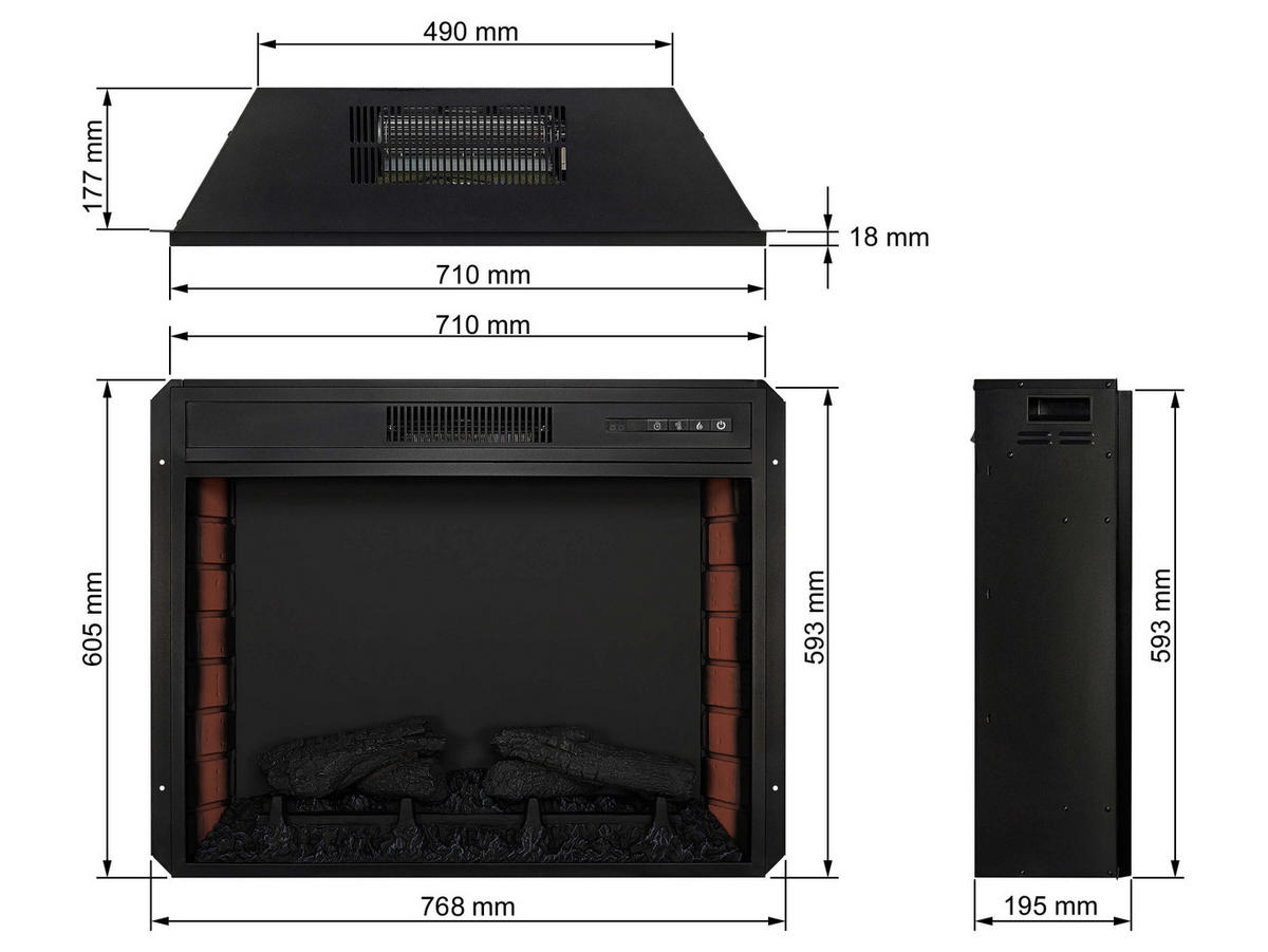 EINBAU-ELEKTROKAMINEINSATZ AF28S – Breite 77 cm, 3D-Flammeneffekt, Panoramaglas, Heizfunktion - Schwarz, Glas/Metall (76.8/60.5/19.5cm) - ArtiFlame