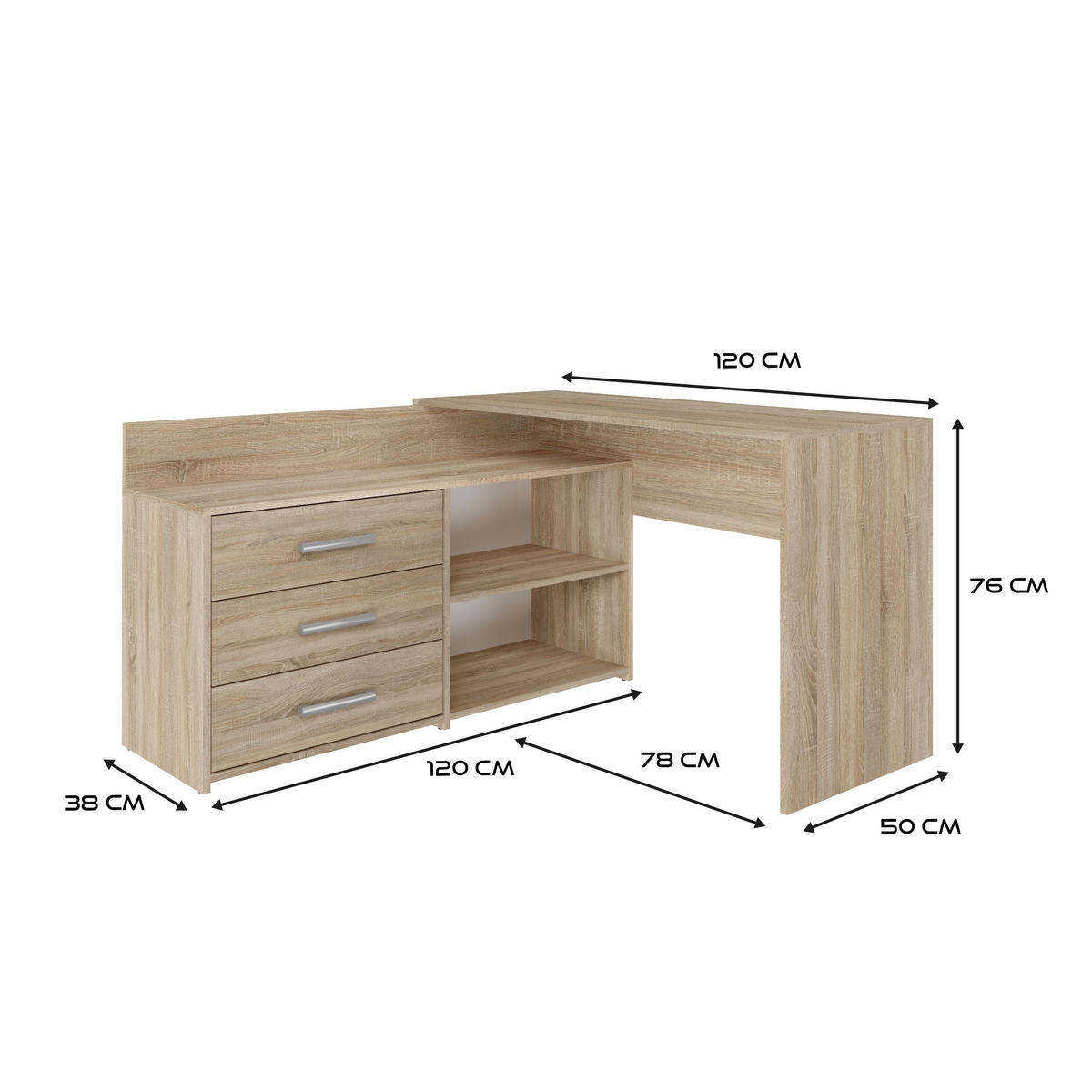 ECKSCHREIBTISCH DANY EICHE SONOMA - Sonoma Eiche, Holzwerkstoff (50/120/76cm) - CDF