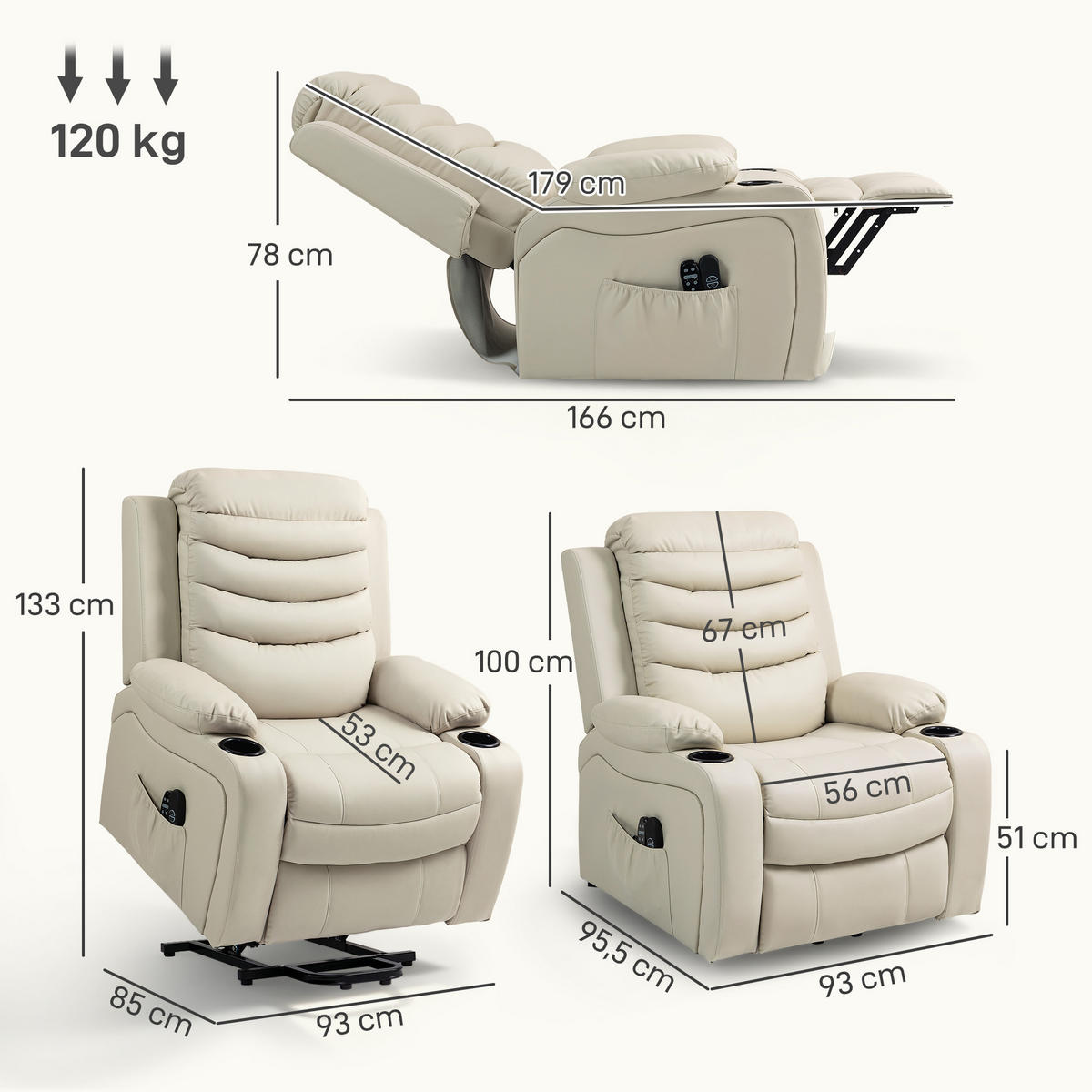 RELAXSESSEL aus PU-Leder Cremeweiß - Creme/Schwarz, Leder/Metall (93/100/95.5cm) - HOMCOM