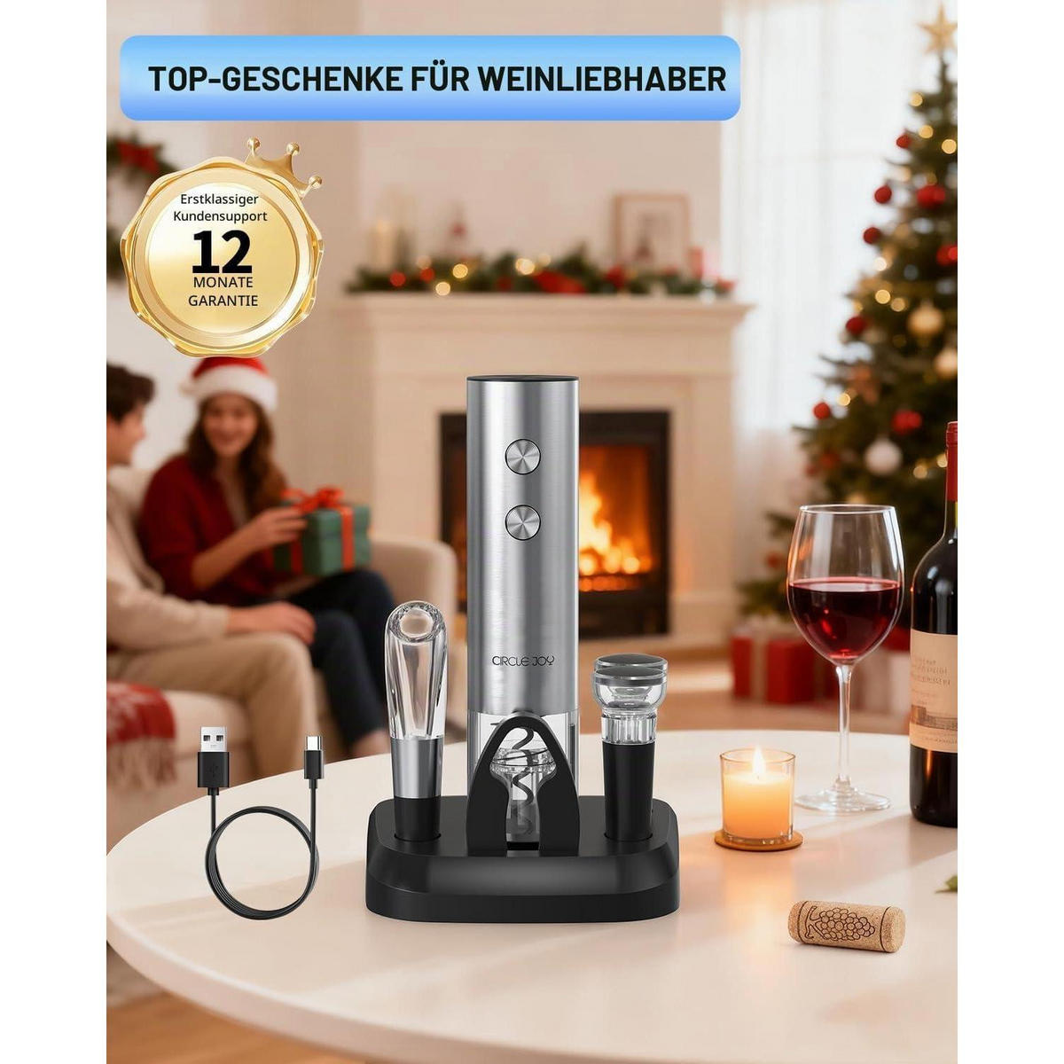 ELEKTRISCHER Weinkorkenzieher 6-teiliges Set Edelstahl mit Ladestation und Zubehör - Silberfarben, Metall (27.1cm)