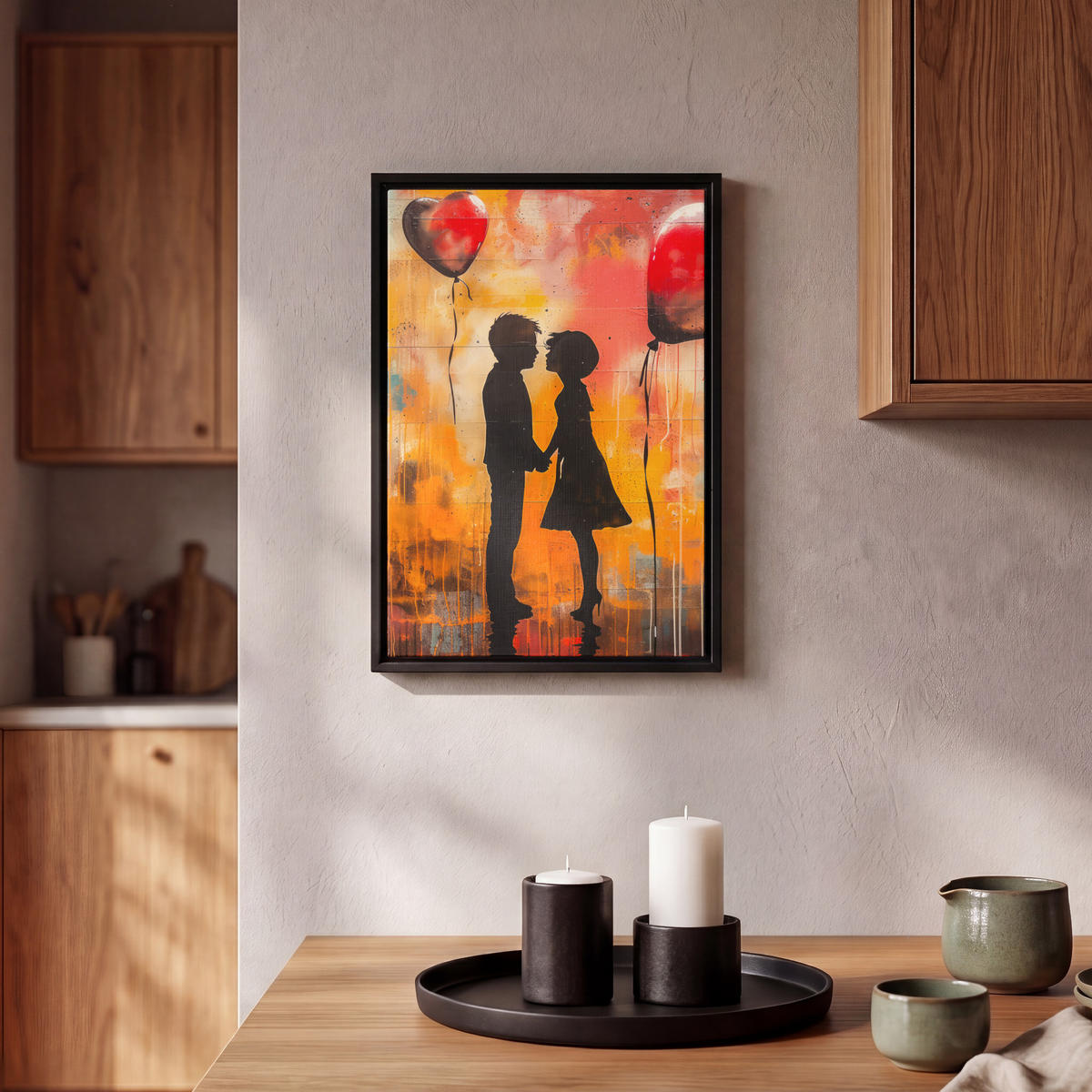 LEINWAND Bilder mit Rahmen - Straßenkunst - Liebe - Graffiti - Kunst - Banksy - 20x30 - Orange, Textil (20/30cm) - MuchoWow
