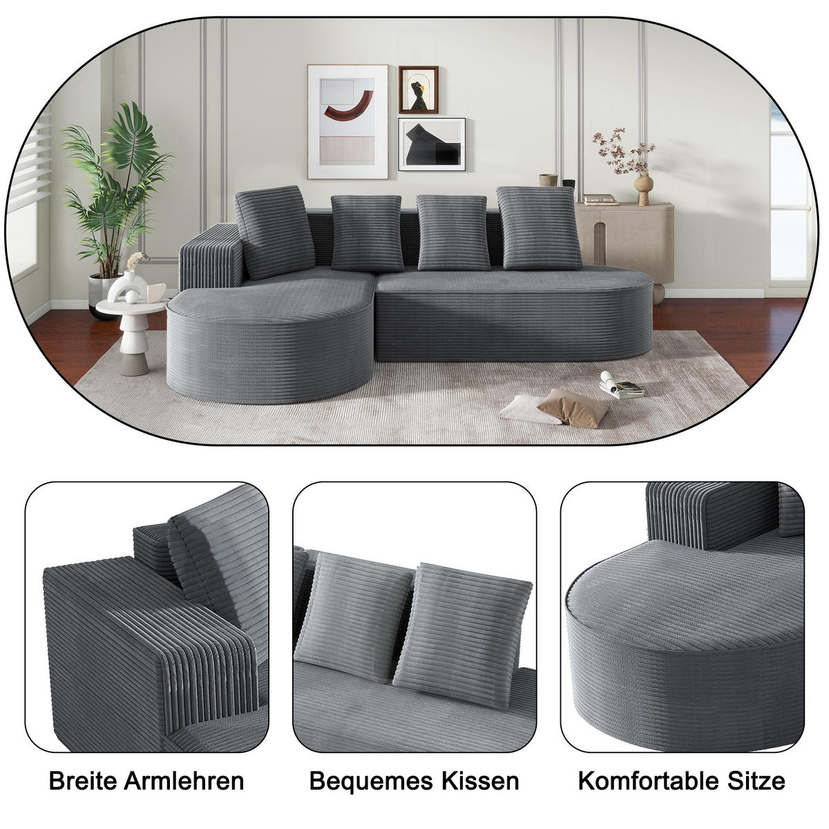 ECKSOFA Cord mit tiefer Sitzfläche, 4 Kissen 265/165/67 cm Grau - Grau, Textil (165/265cm) - Redom