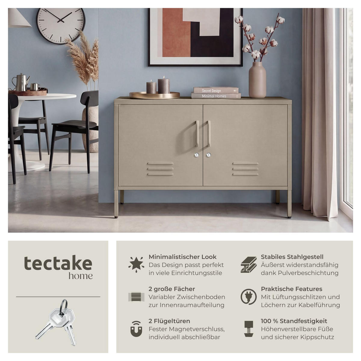 SIDEBOARD Baker, Kippschutz, höhenverstellbare Füße, taupe - Taupe, Metall (100/65/42.5cm) - tectake