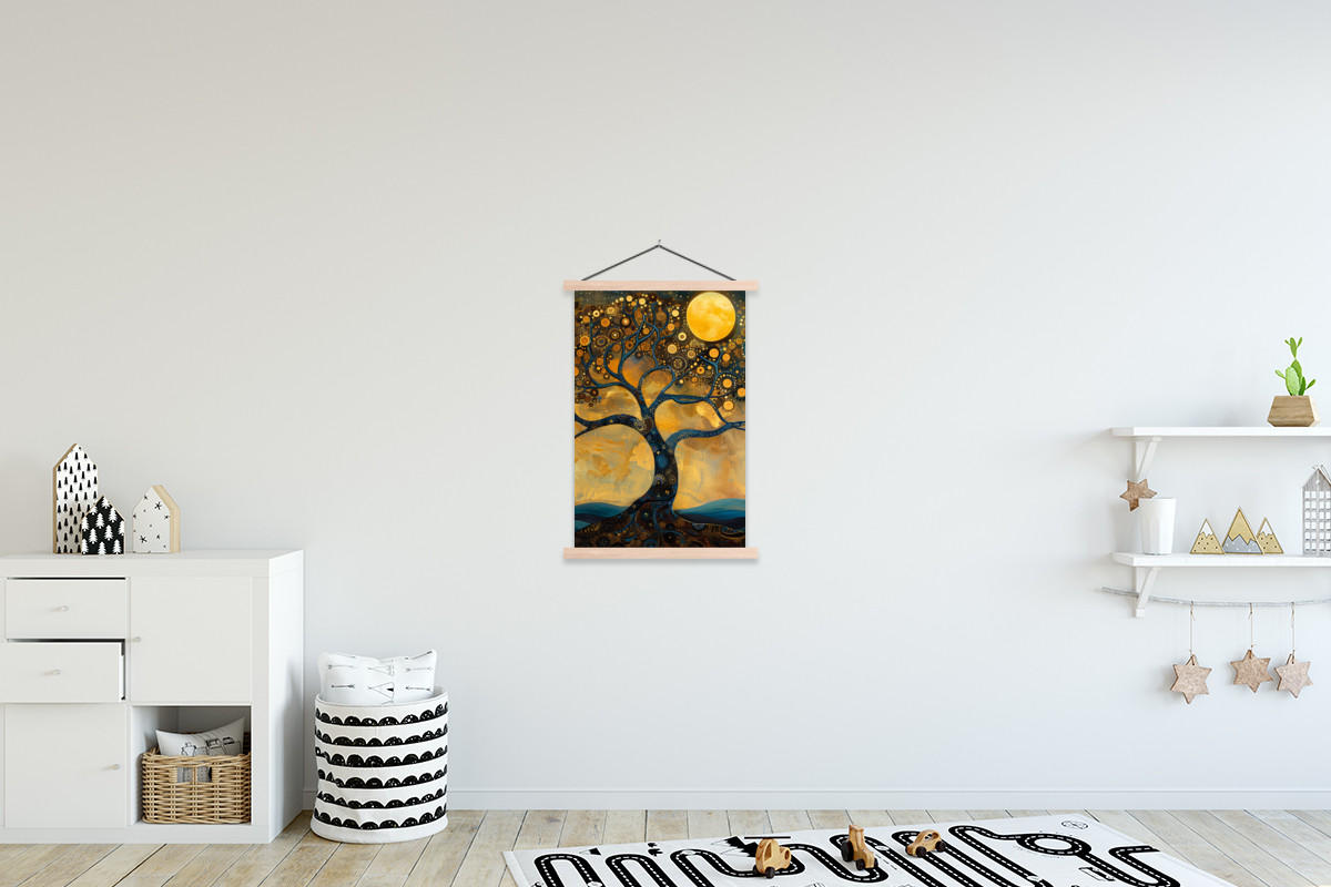 POSTER Baum - Mond - Blumen - Gold - Kunst 60x90 cm - Orange, Textil (60/90/0.15cm) - MuchoWow