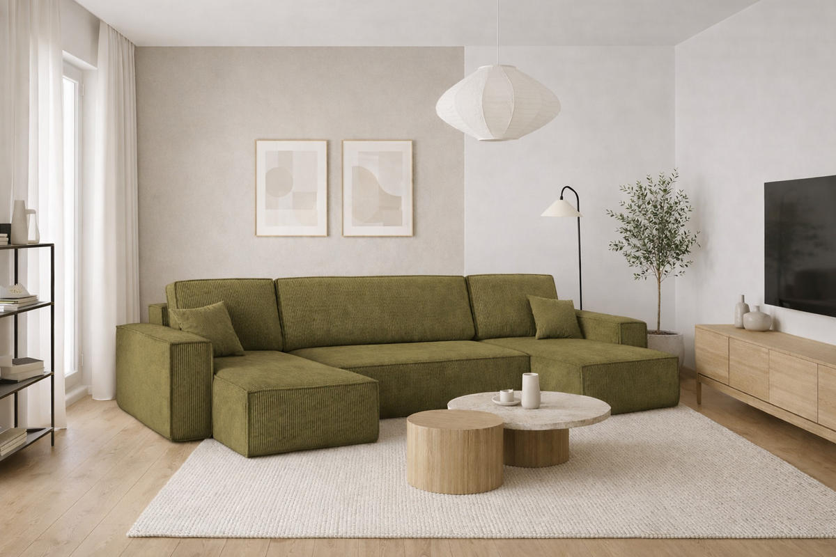 ECKSOFA Mit Schlaffunktion Und Bettkasten BEST Dicker Cord Poso Olive - Olivgrün, Holz/Textil (312/142cm) - Kaiser Möbel