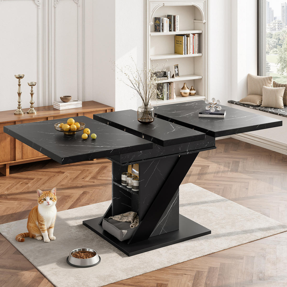BLAGOVAONSKI stol 110-140/80/75 cm crni od MDF-a na razvlačenje u mramornom izgledu - crna, drvni materijal (110/80/75cm) - OKWISH