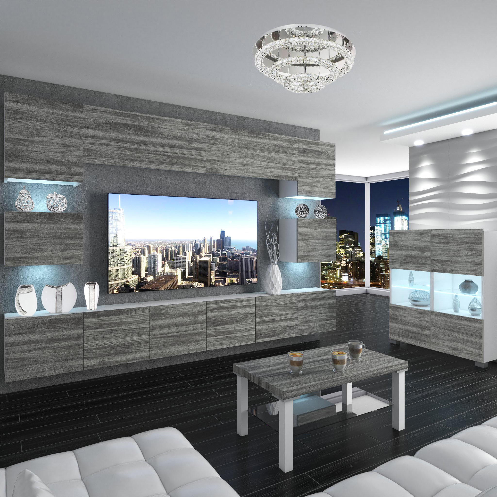 WOHNZIMMERWAND Schrankwand mit LED Glamour Holz - Grau, Holz (300/180/36cm) - B BELINI GROUP