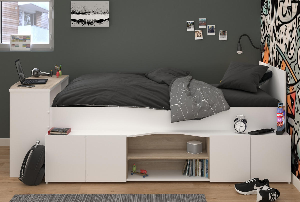 HOCHBETT Jugendzimmer Bett 90x200 mit Schreibtisch und Stauraum - Multicolor/Weiß, Holz/Holzwerkstoff (90/200cm) - Parisot Meuble