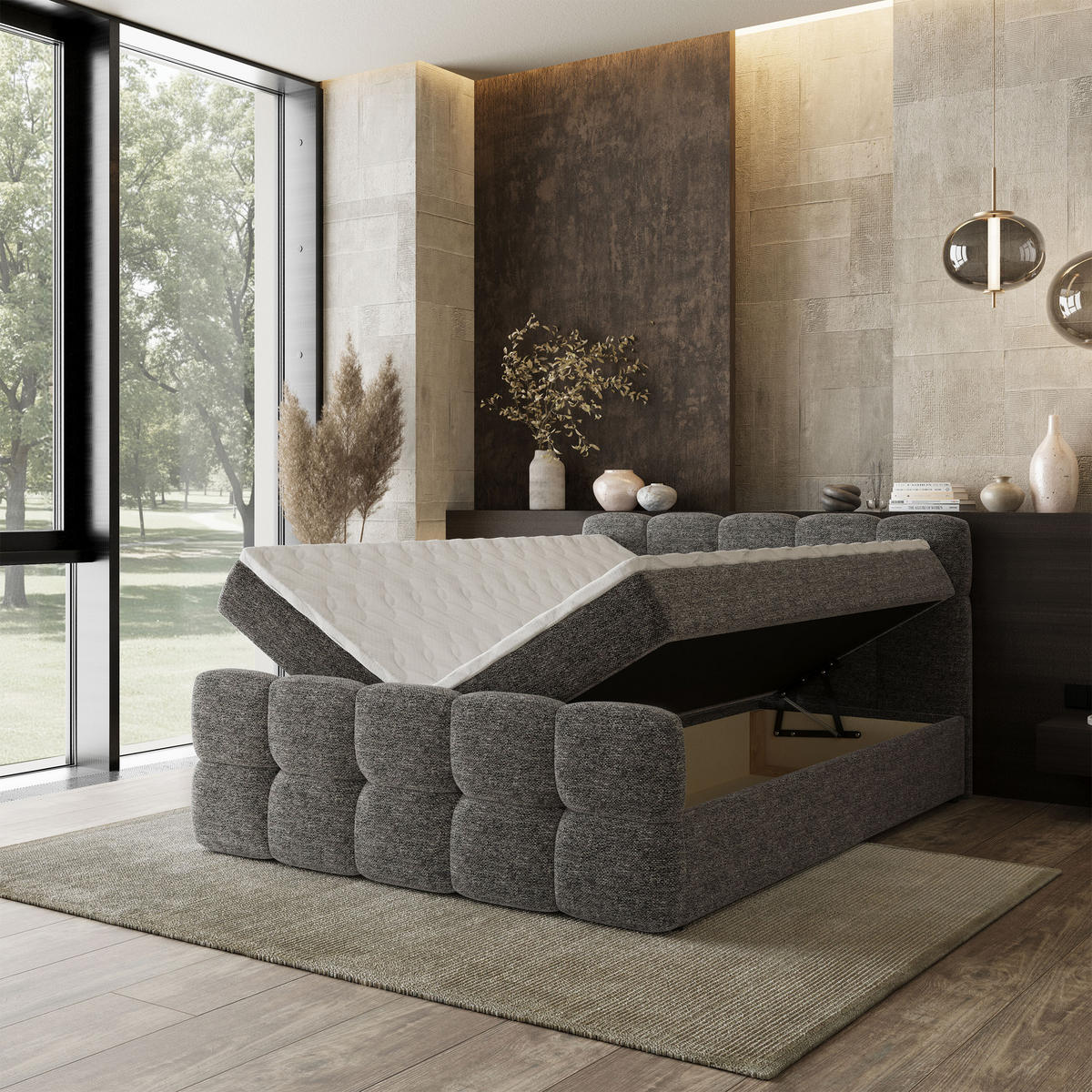 BOXBETT BRUME 160x200 cm mit Matratze und Topper, H2+H3 - Grau - Grau, Holz (160/200cm) - MASSENO