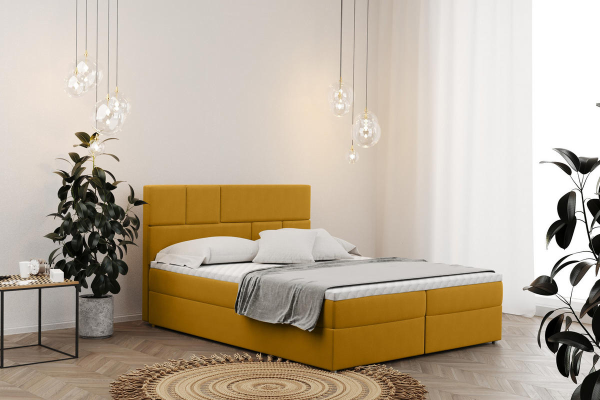 BOXBETT Mit Bettkasten BALI Stoff Mat Velvet Gelb 160x200 cm H3-Bonell - Gelb, Holz/Holzwerkstoff (160/200cm) - Kaiser Möbel