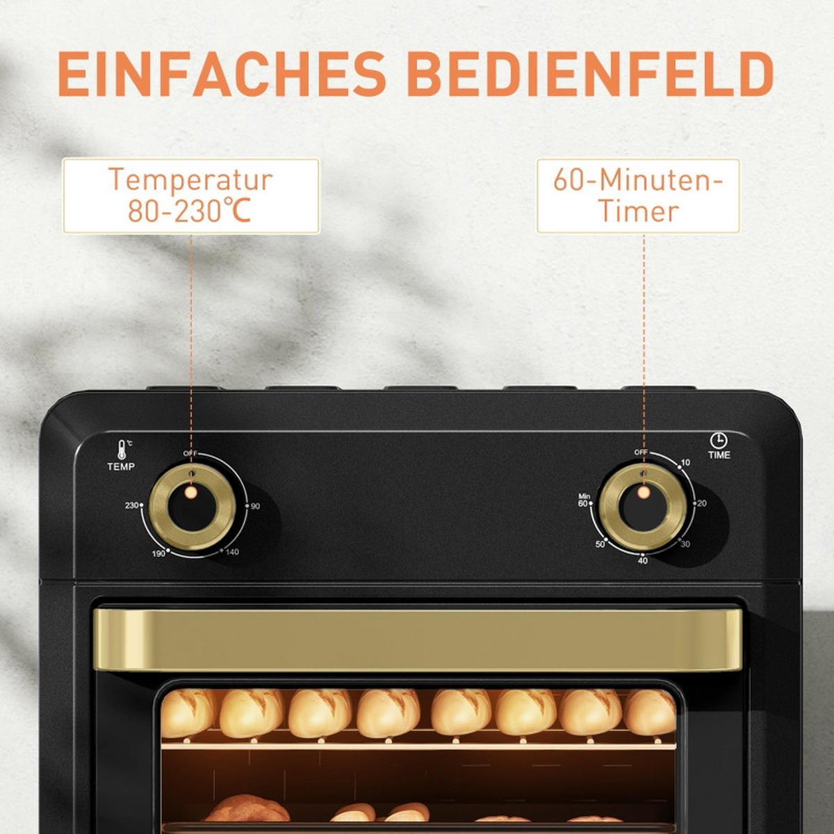MINIBACKOFEN 10L mit Umluft & Heißluftfritteuse, Mini Ofen mit Timer, Innenbeleuchtung und mehreren Funktionen, Schwarz - Schwarz, Metall (32/29.8/27.2cm) - Beaface