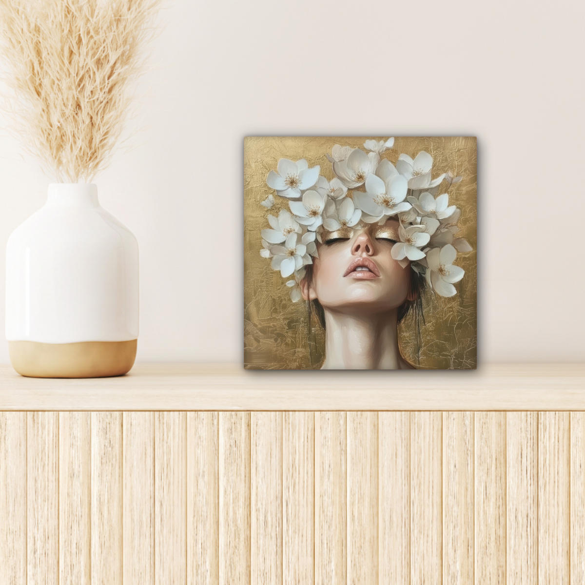 LEINWANDBILD Gesicht - Blumen - Gold - Abstrakt Deko Wohnzimmer 20x20 cm - Goldfarben, Textil (20/20cm) - MuchoWow