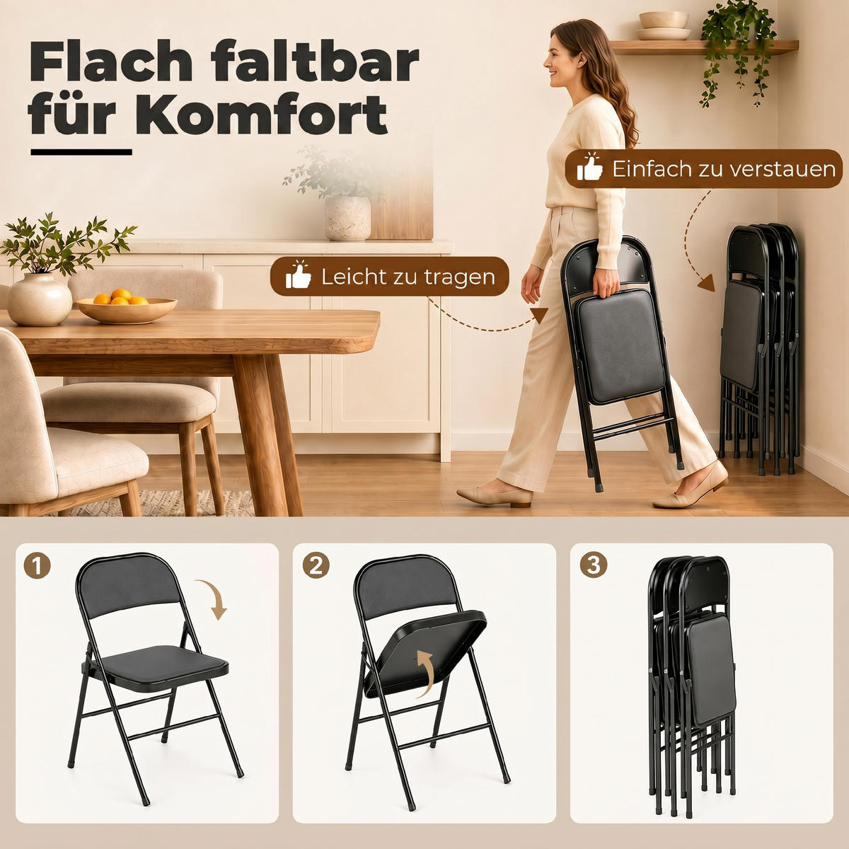 KLAPPSTÜHLE 4er-Set Schwarz 45.0/46.0/78.0 cm - Schwarz, Leder (46/78/45cm)