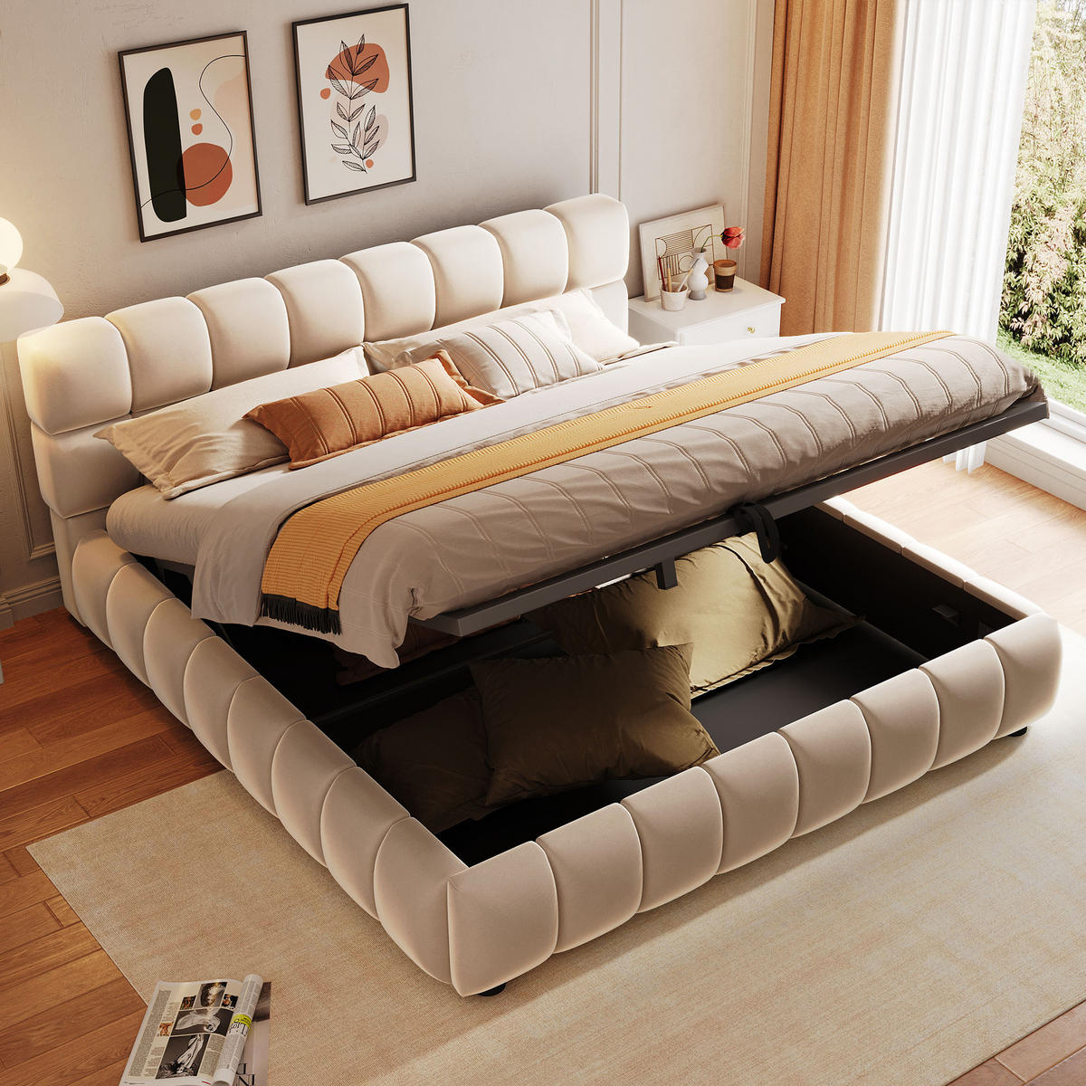 POLSTERBETT 140/200 cm in Beige Samt mit Bettkasten - Beige, Holzwerkstoff/Textil (140/200cm) - WISHDOR