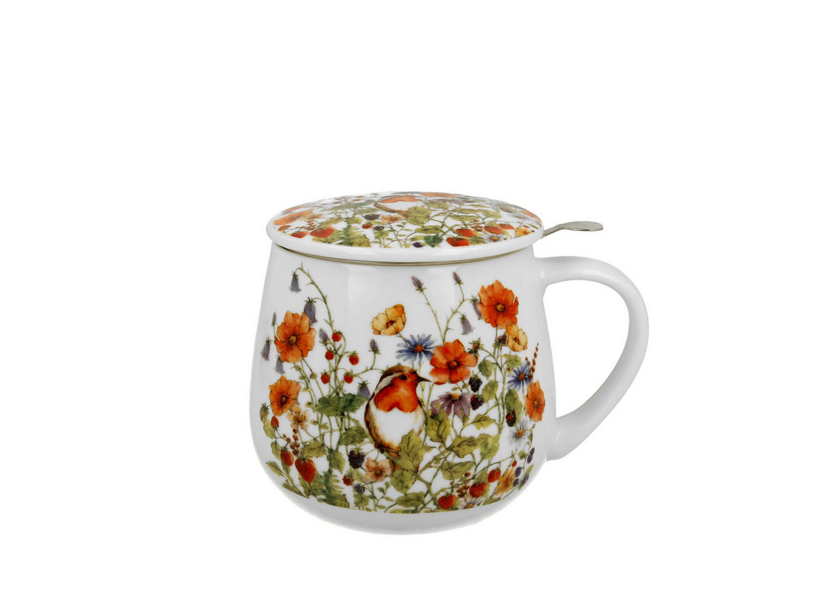 TEETASSE mit Sieb in Fassform WILD BIRD - Weiß, Keramik (0.43L) - DUO PORCELAIN