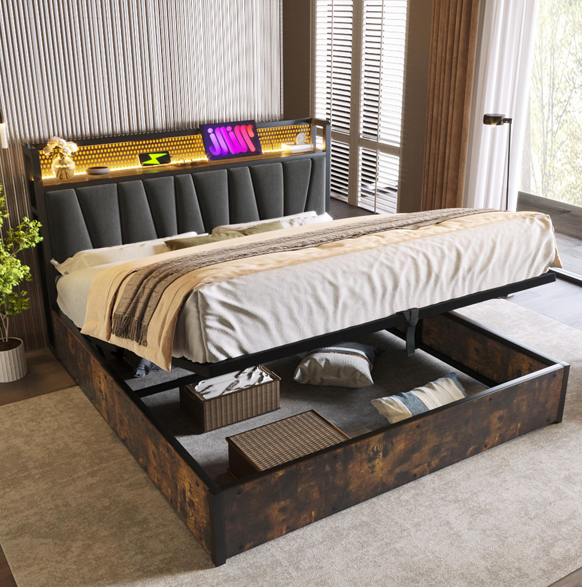 POLSTERBETT 140/200 cm Grau LED mit USB-Anschluss und App-Control - Grau, Textil (140/200cm) - OKWISH