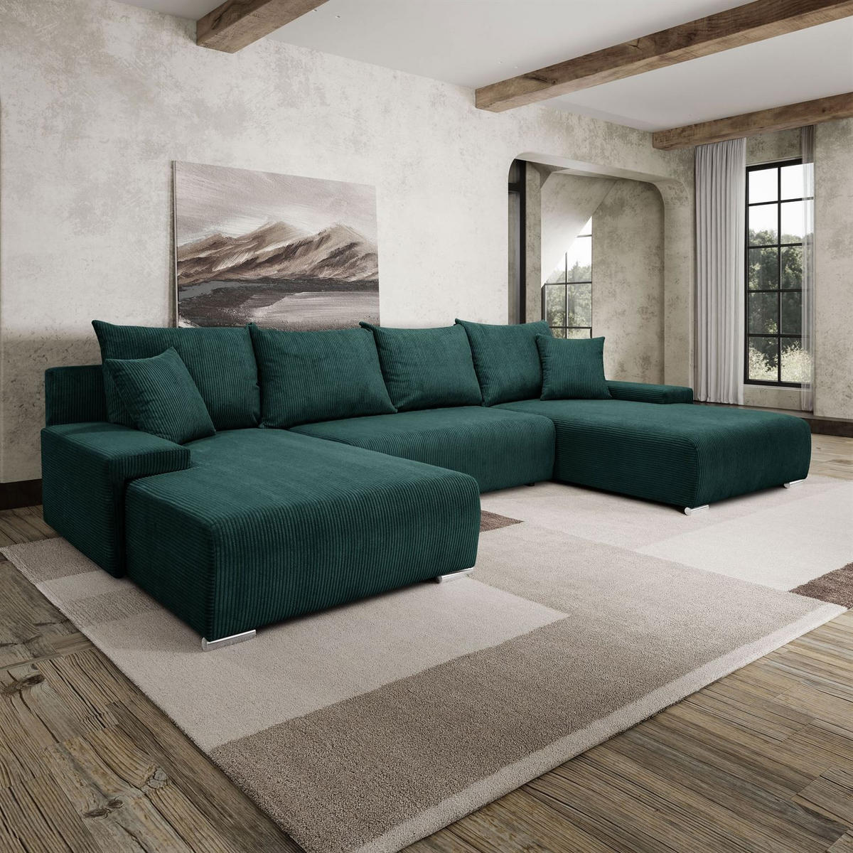 WOHNLANDSCHAFT LAVIO U mit Schlaffunktion und Bettkasten - Grün, Textil (348/93/188cm) - Lookway