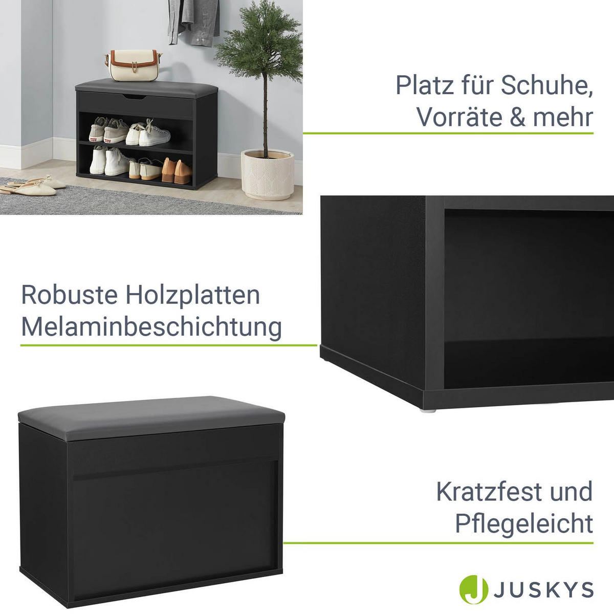 SCHUHREGAL schwarz mit Klappdeckel und gepolstertem Sitz 60 x 30 x 44 cm - Schwarz, Holz (30/44/60cm) - Juskys