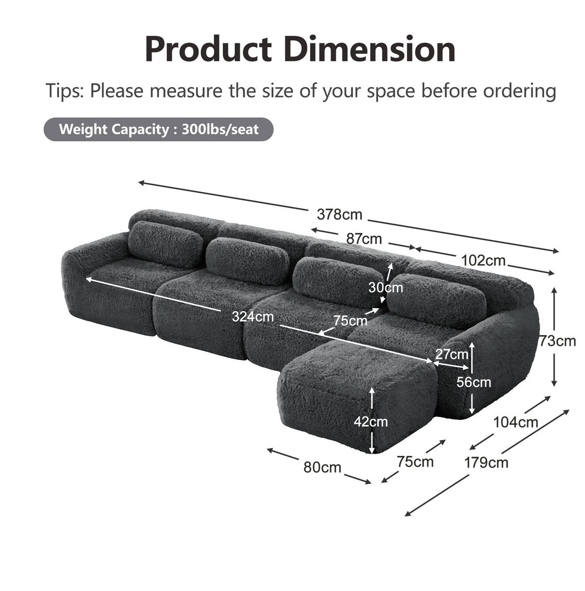 ECKSOFA 378/179/73 cm grau aus Plüsch als 4-Sitzer mit modularem Ottomanen - Grau, Textil (179/378cm) - OKWISH