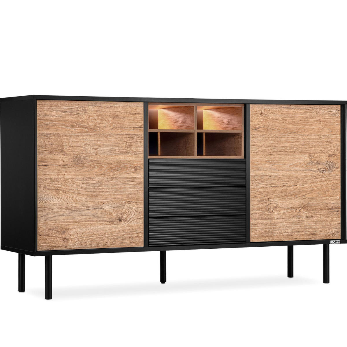 KOMMODE LOFTY Kreuzeinlage, schwarz / Eiche natur - Eichefarben/Multicolor, Holzwerkstoff (151/84/41cm) - KONSIMO®