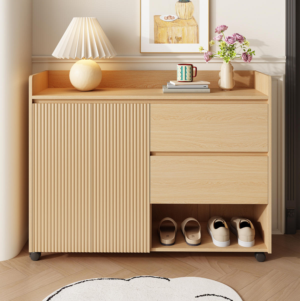 SCHUHSCHRANK 110/35/86 cm in Natur mit Schubladen, Rollen und verstellbaren Fächern - Naturfarben, Holzwerkstoff (110/86/35cm) - BEAOK