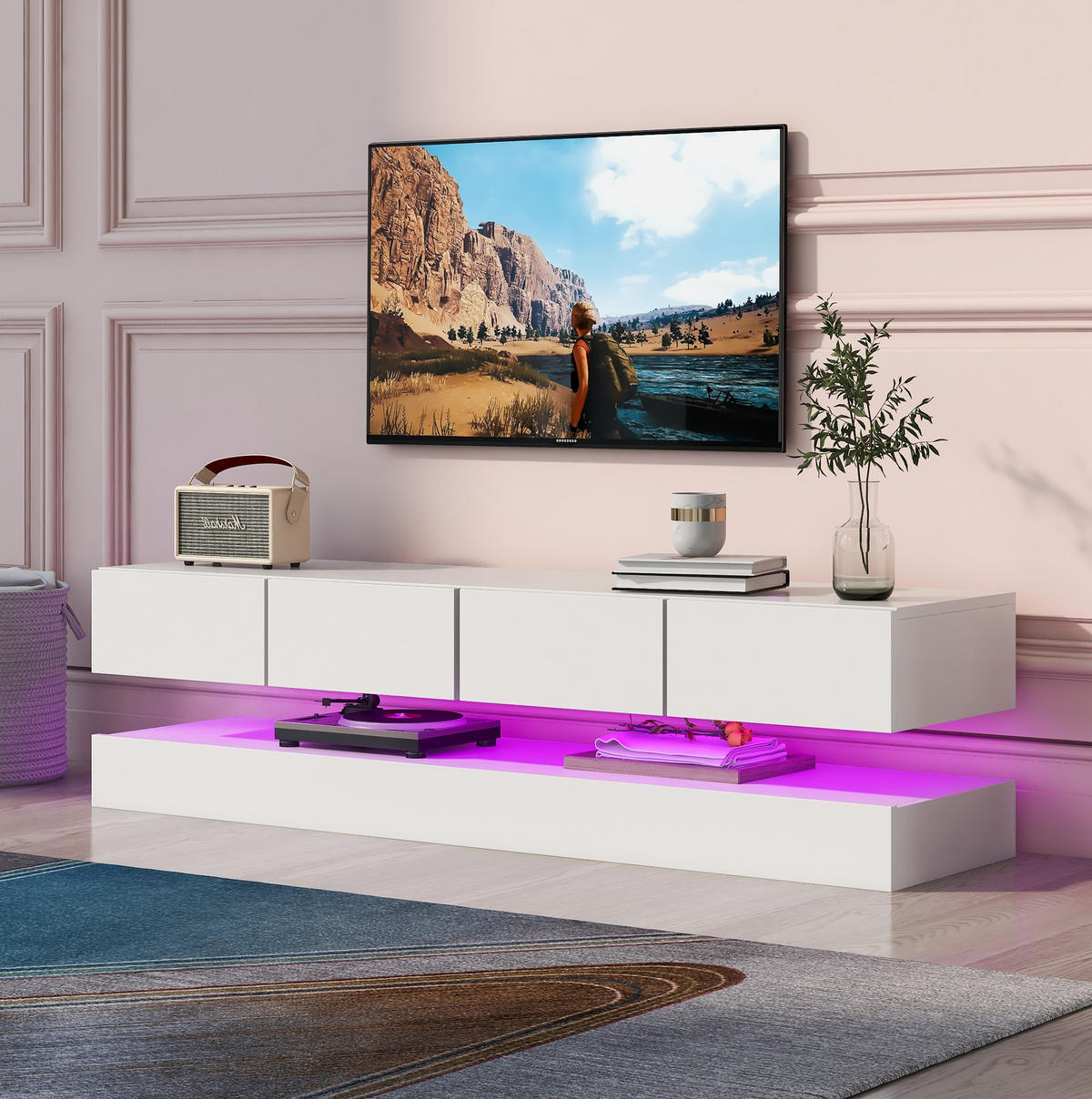 WAND-TV-LOWBOARD in Weiß mit 4 Schubladen und App-LED 130/33/15 cm - Weiß, Holzwerkstoff (130/15/33cm) - Redom