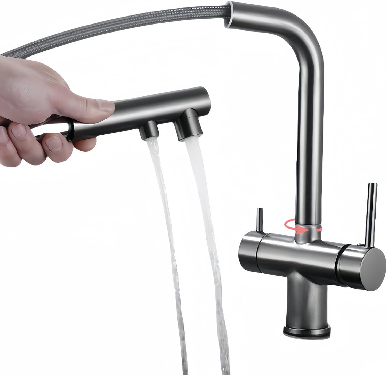 KÜCHENARMATUR 3-Wege mit ausziehbarer Brause, 360° drehbar, für Trinkwasser mit Filterwasserauslass, grau - Grau, Metall (15/33/22cm) - TVTIUO