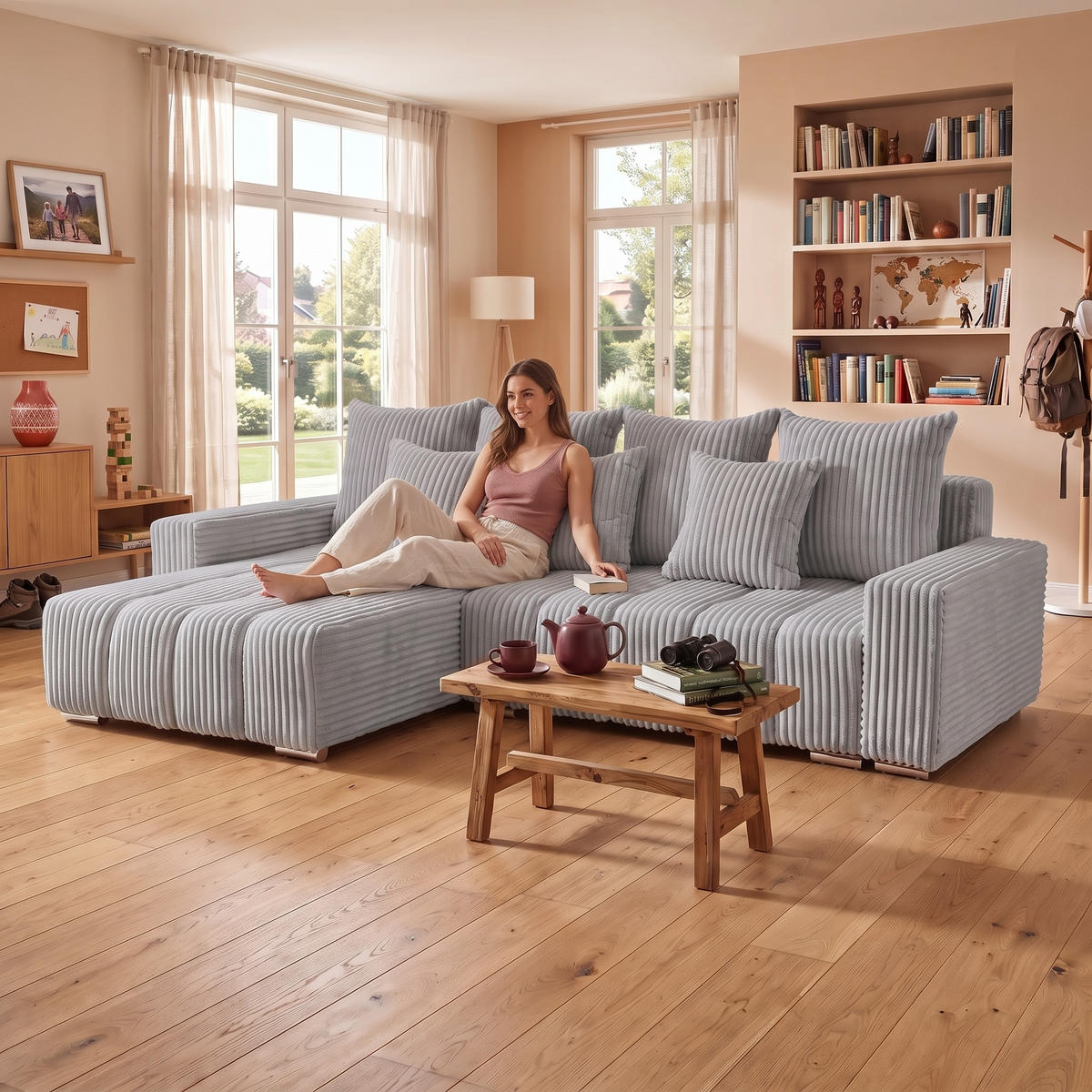 ECKSOFA PIANO L Links mit Schlaffunktion 137x234 Cord Grau - Silberfarben/Grau, Holz/Textil (278/178cm) - Muffo