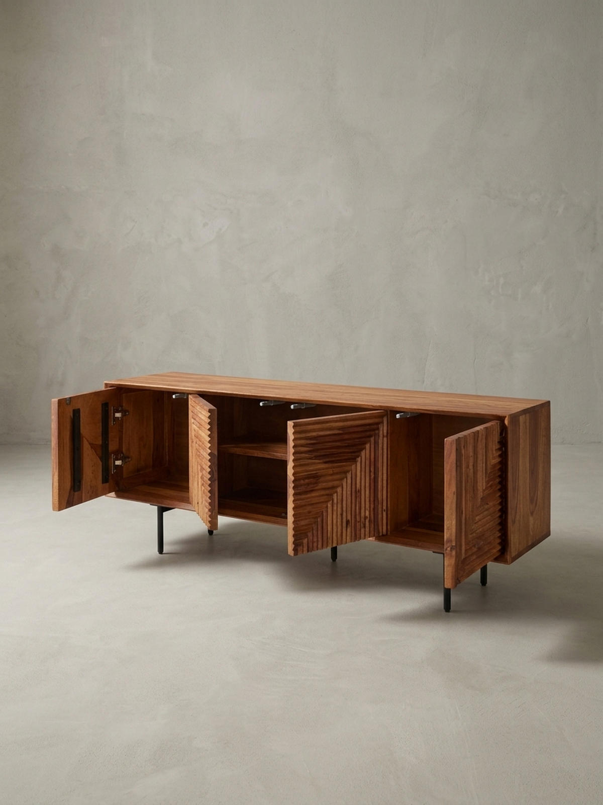LOWBOARD Massivholz Modern Stil Modell Spectrum mit 3D-Oberfläche und Edelstahl-Gestell - Schwarz/Braun, Holz/Metall (140/54/33cm) - KADIMA DESIGN