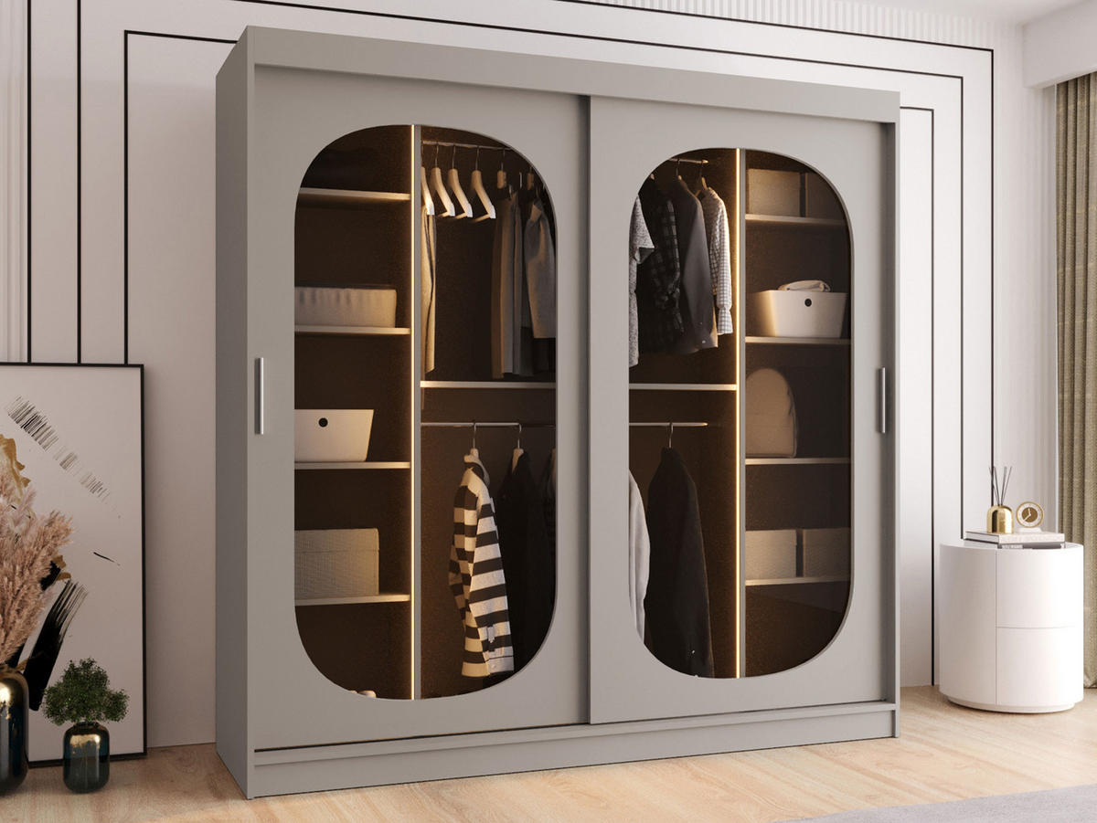 SCHWEBETÜRENSCHRANK Bahrajn 200 mit LED Beleuchtung - Kaschmir/Silberfarben, Holzwerkstoff/Kunststoff (200/200/62cm) - MIRJAN24