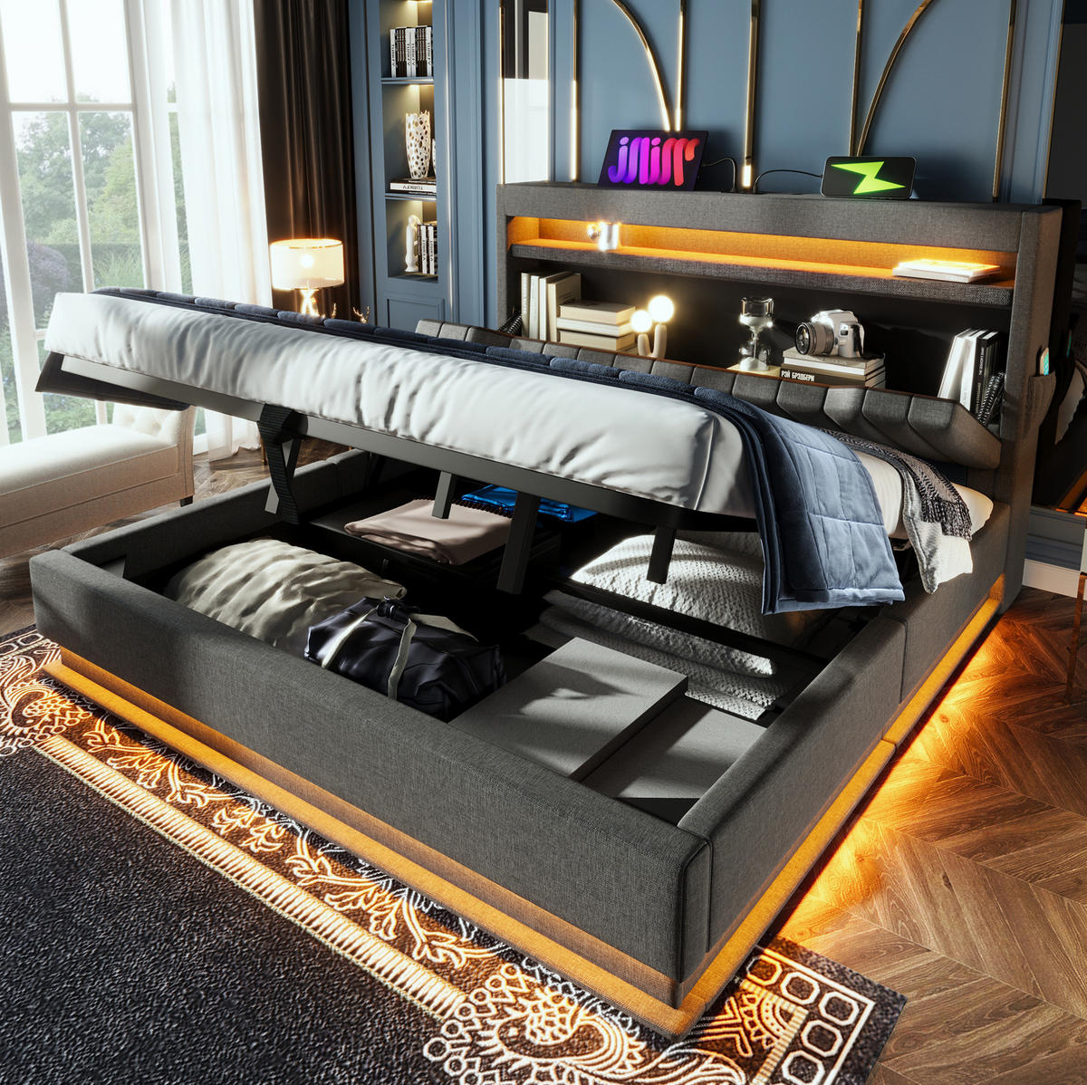 POLSTERBETT mit Stauraum und LED 180x200 cm Leinen Grau - Grau, Metall (180/200cm) - Meubliv