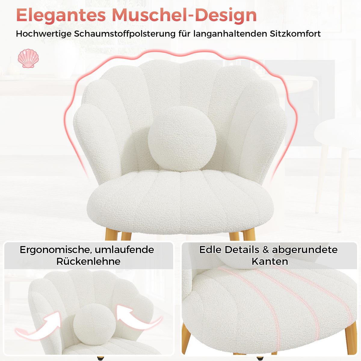 STUHL-SET 2 Stück Muschel-Design, DE-42124, Weiß - Weiß, Holzwerkstoff (62.5/83/60cm) - ComfortXL
